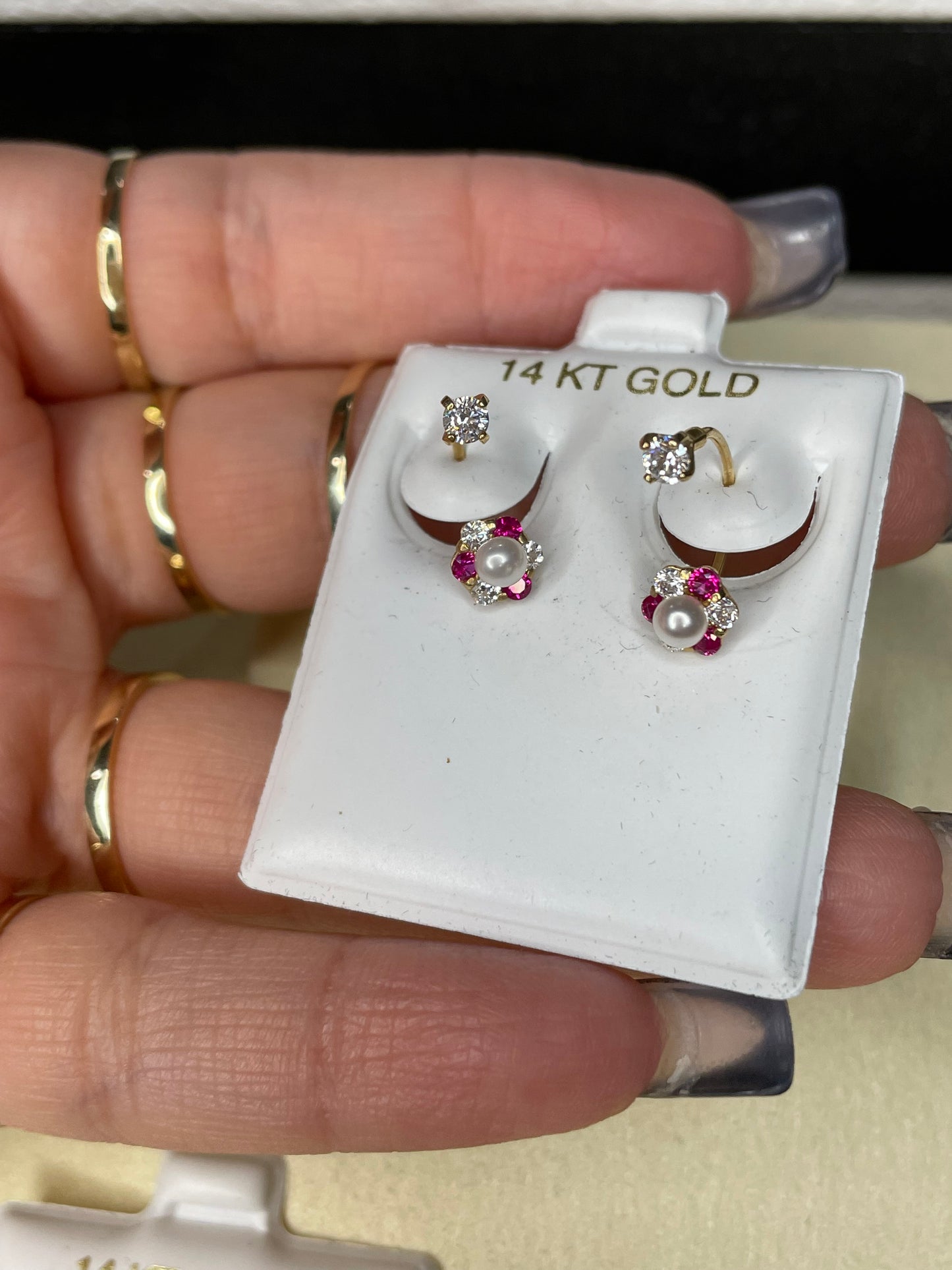 14k gold telephone earrings with cz flower