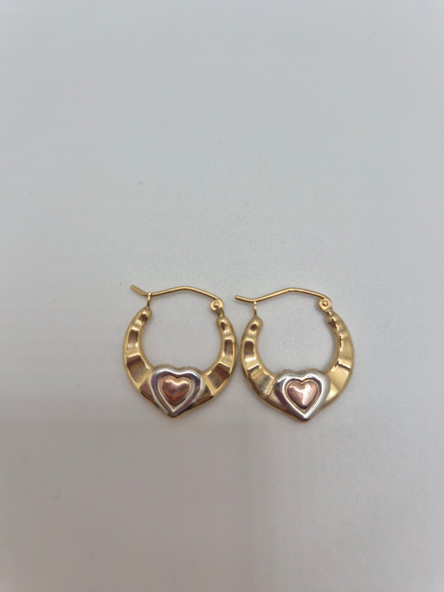 14K tri-color gold heart hoop earrings with rose gold center heart and white gold frame, 17mm hollow design.