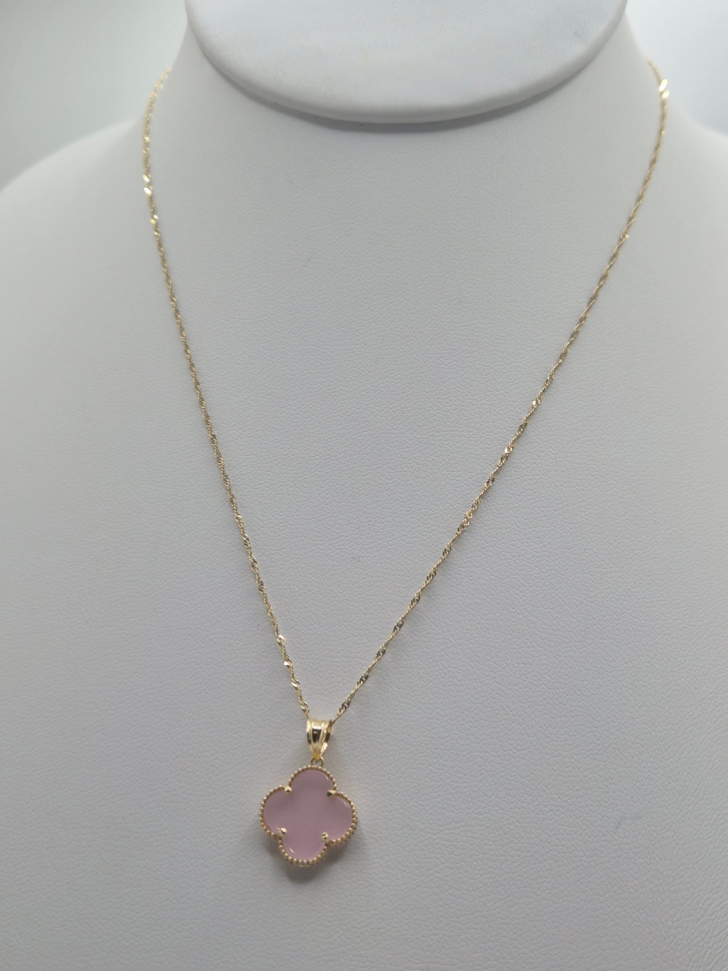 14K Gold Singapore Chain with Pink Clover Pendant