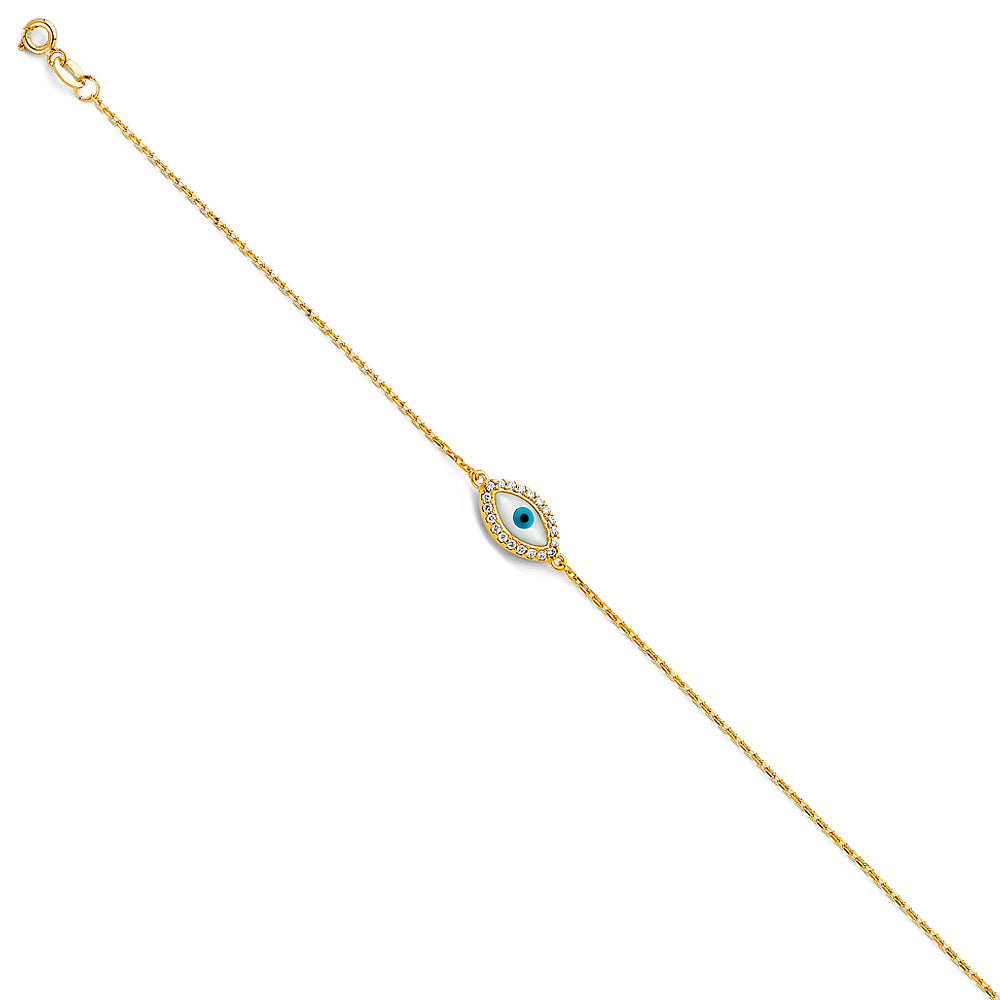 Pulsera CZ de mal de ojo en forma de almendra de oro macizo de 14 quilates 7+1'