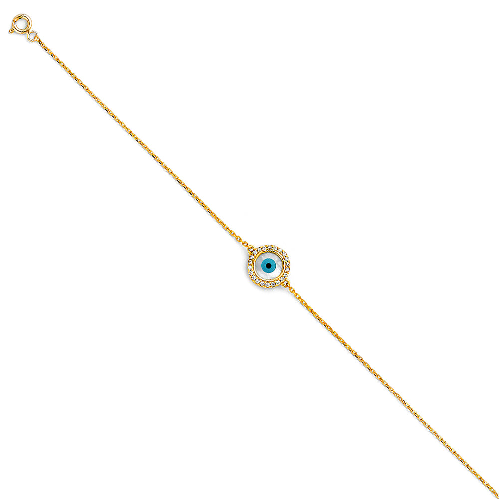 14K Solid Gold Round Evil Eye CZ Bracelet 7+1'