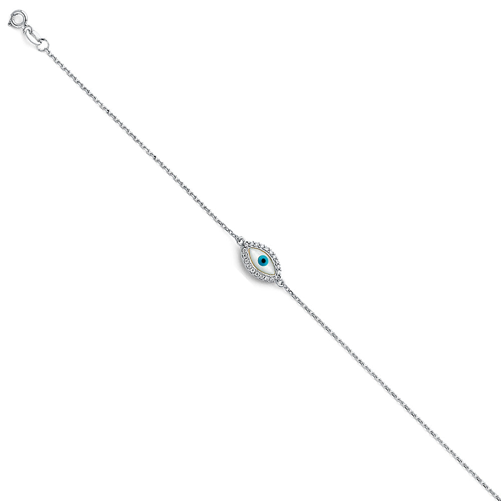 Pulsera CZ de mal de ojo en forma de almendra de oro macizo de 14 quilates 7+1'