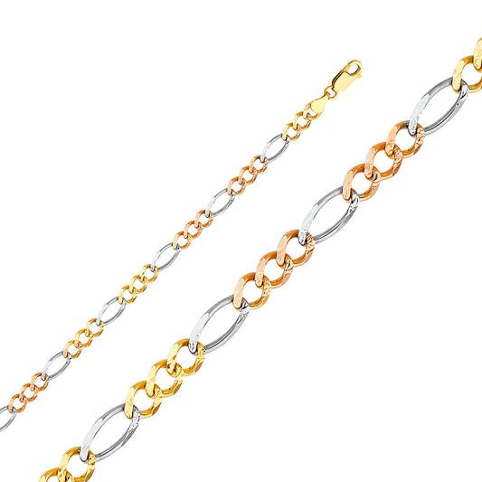 14K Solid Gold 5.5mm 3 Colors Figaro Bracelet 7.5"