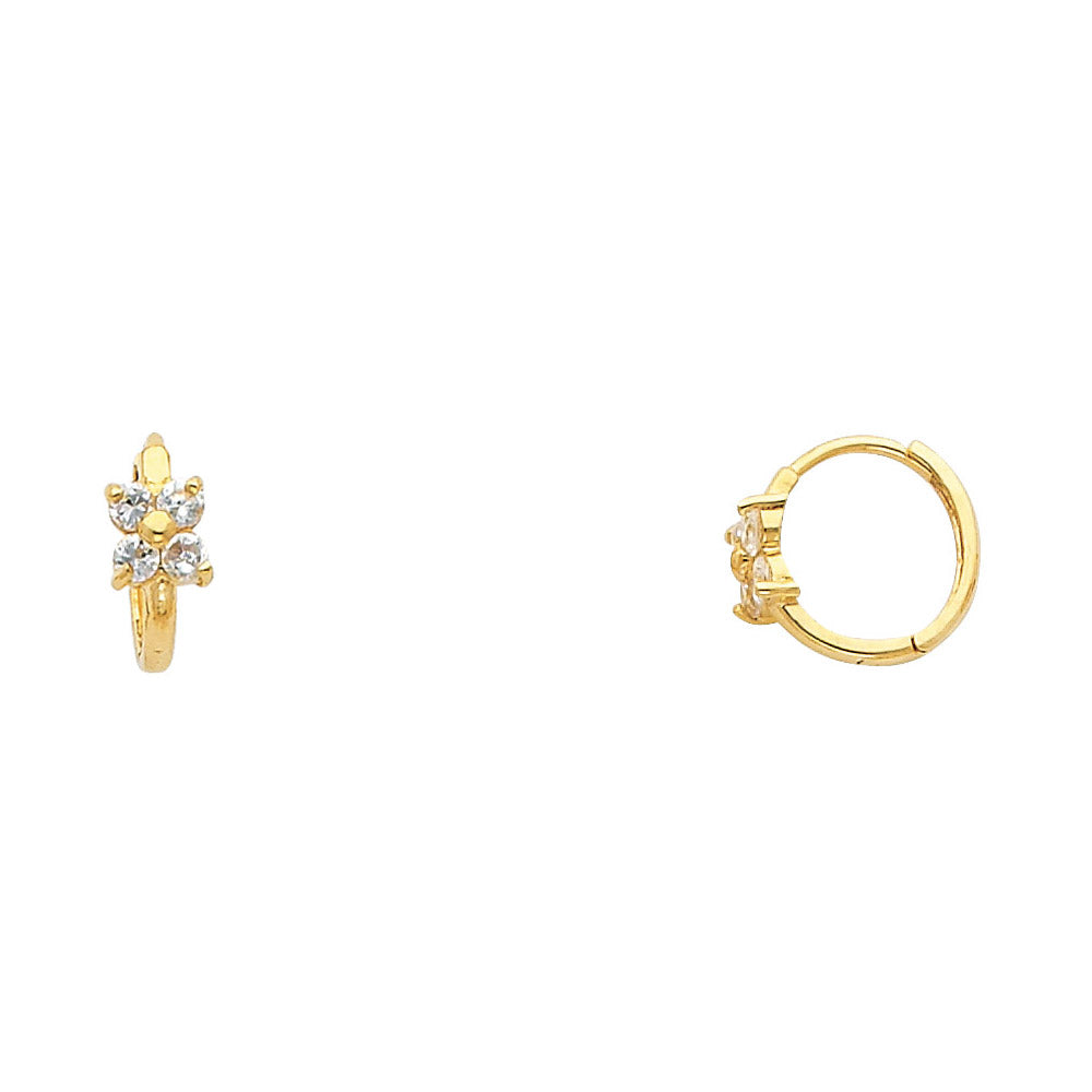 14K Yellow Gold Flower CZ Huggie Hoop Earrings