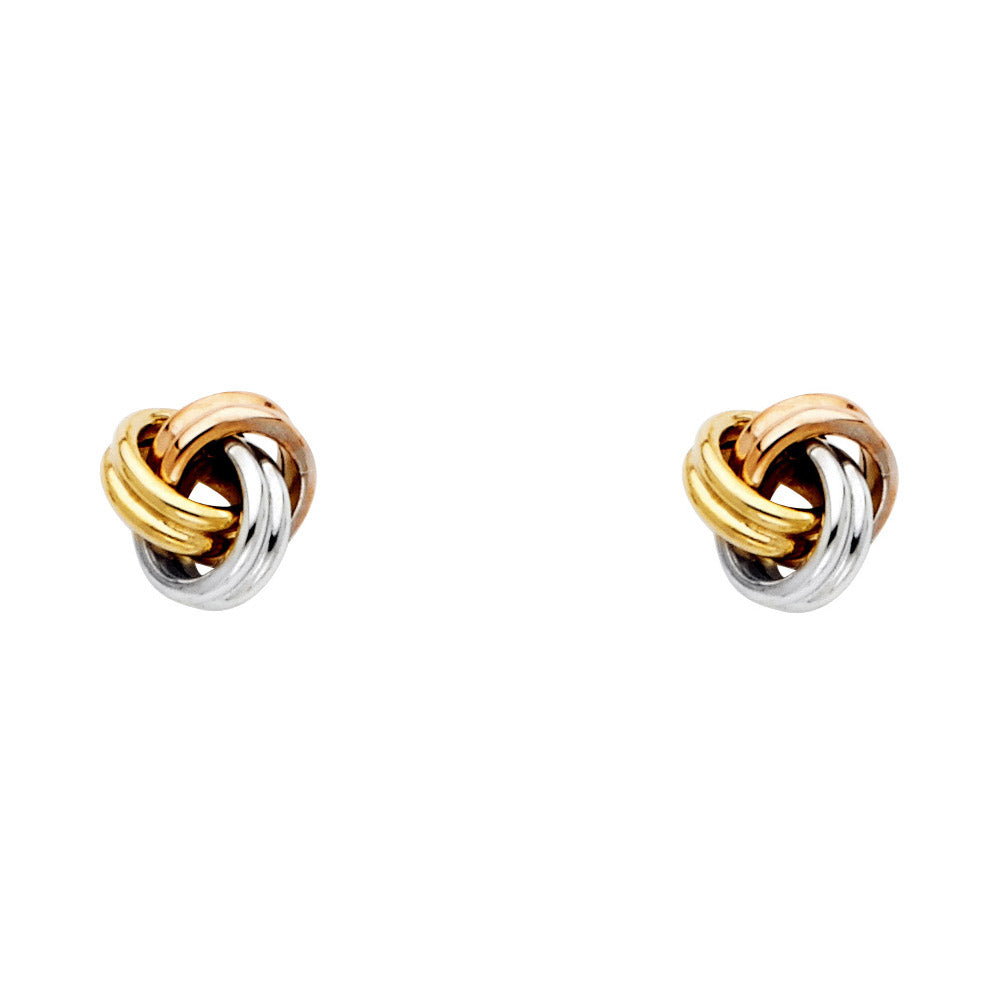 Pendientes de nudo de amor tricolor de oro macizo de 14 quilates