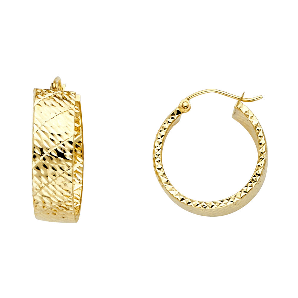 Pendientes de aro anchos huecos con talla de diamante de oro macizo de 14 quilates, 2,5 mm