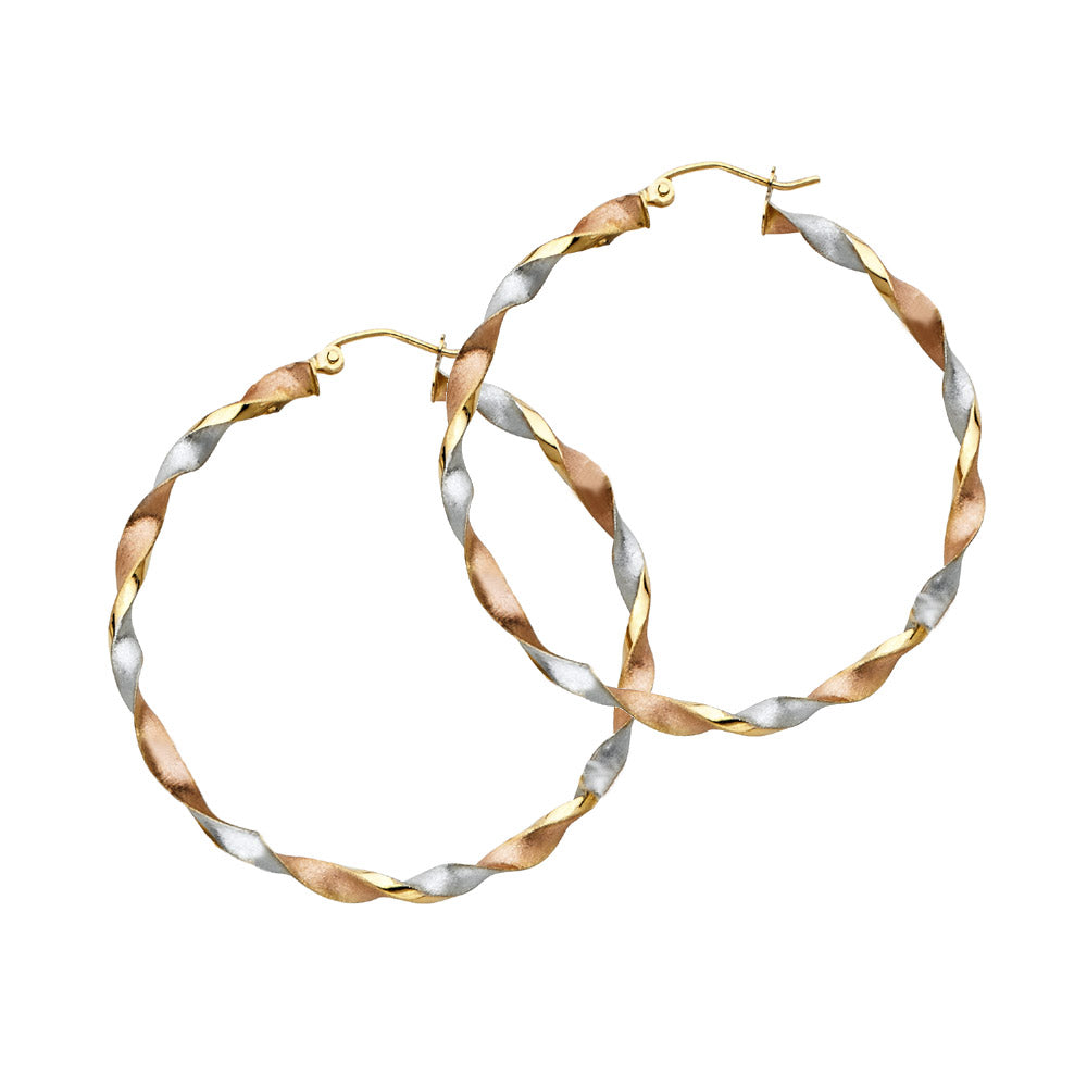 Aretes de aro trenzados de tres colores en oro macizo de 14 k