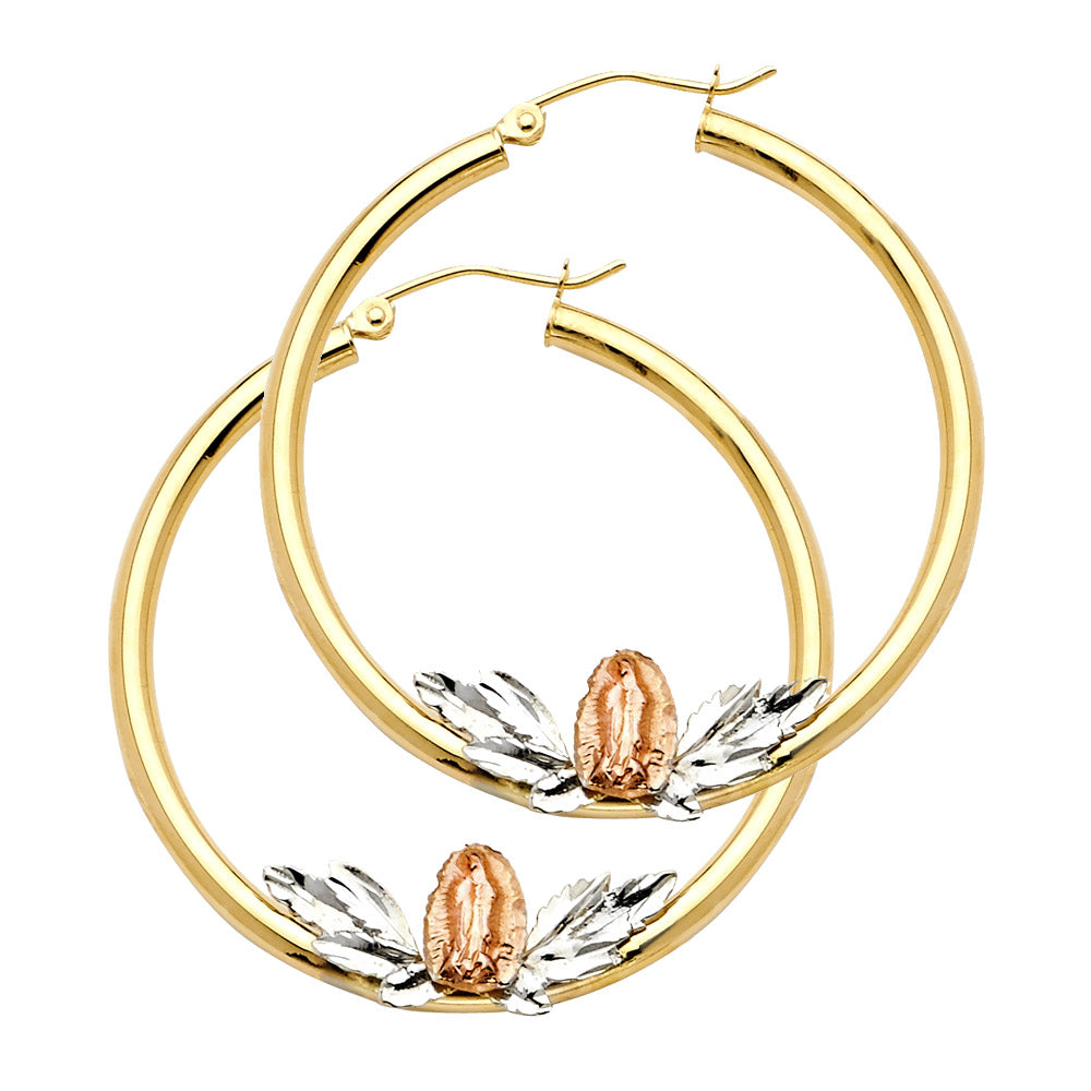 Pendientes de aro de hoja de Guadalupe de 3 colores de oro macizo de 14 k