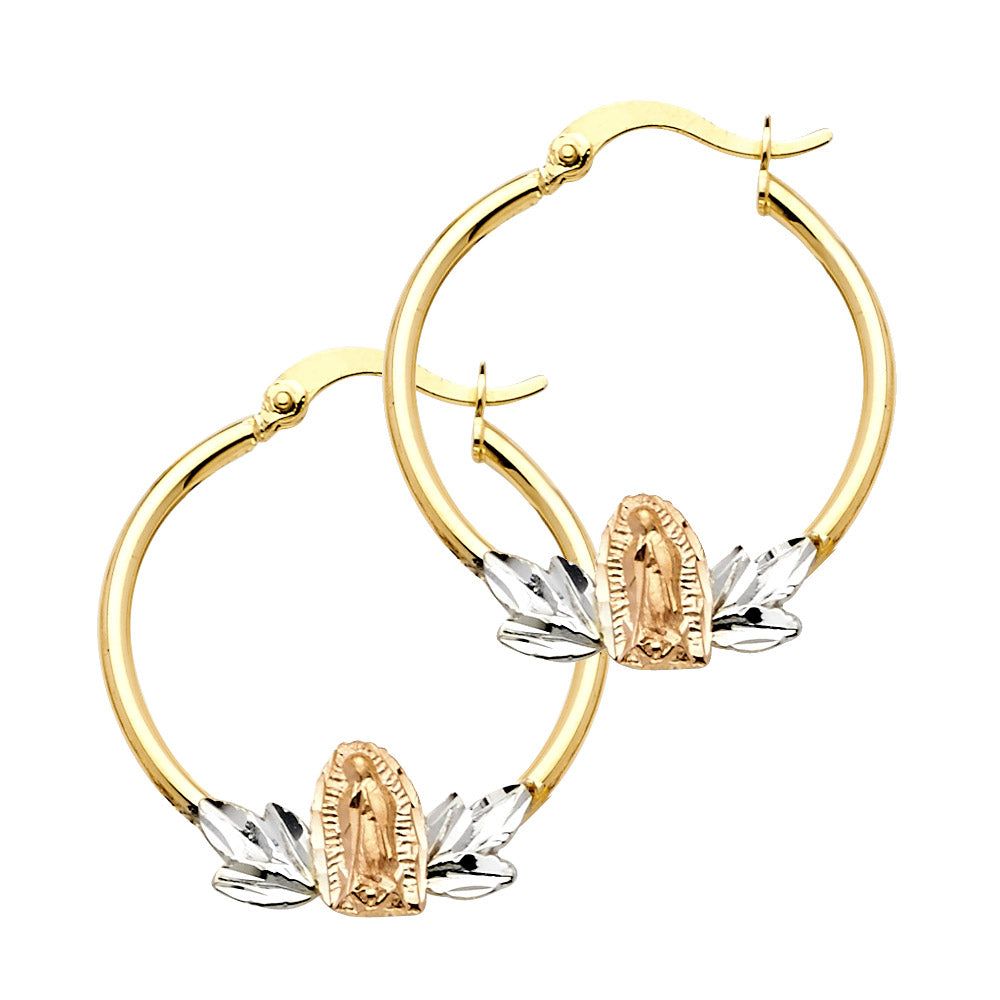 Pendientes de aro de hoja de Guadalupe de 3 colores de oro macizo de 14 k