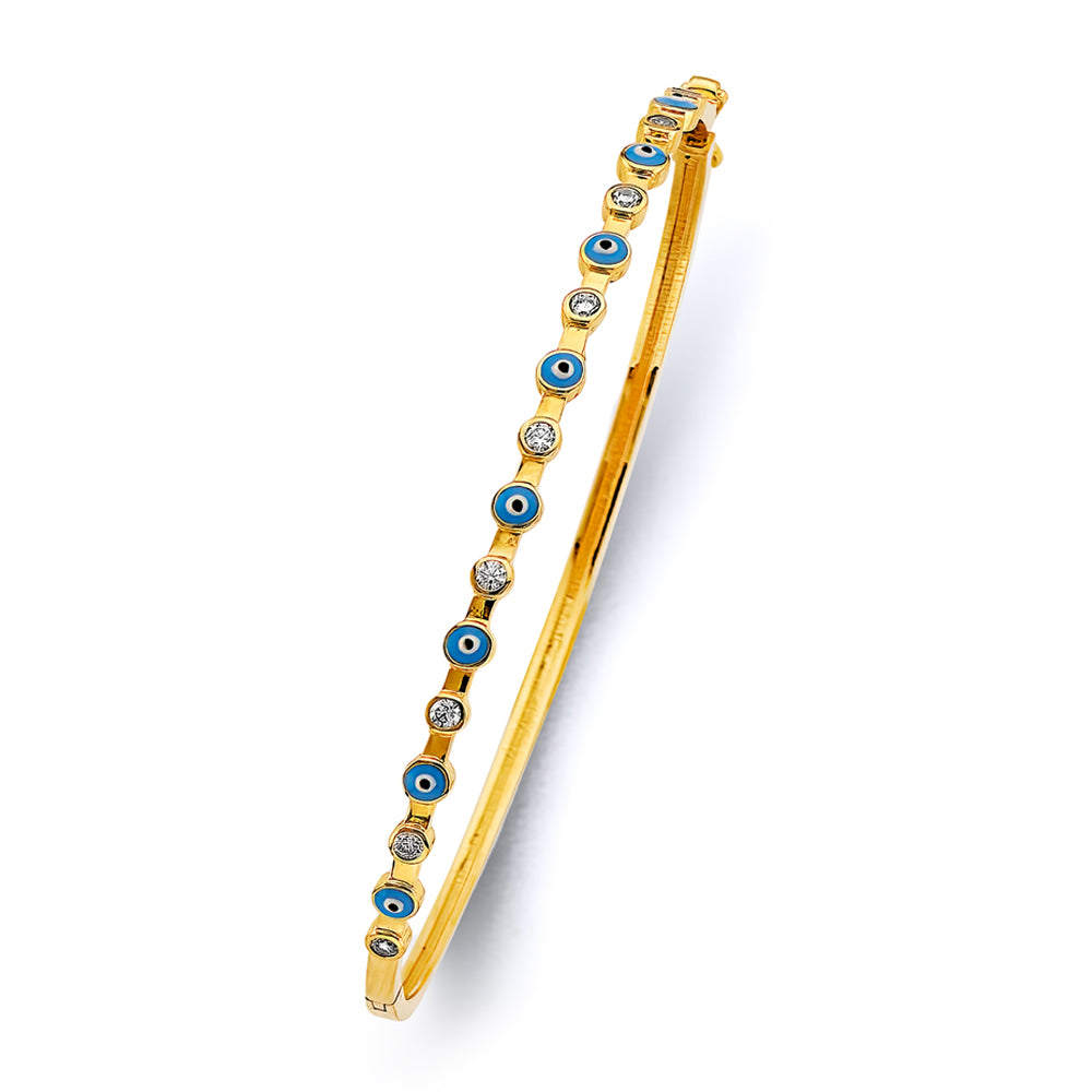 14K gold evil eye bangle, oval gold bangle, evil eye bracelet 14K yellow gold, gold protection jewelry, women’s gold bangl