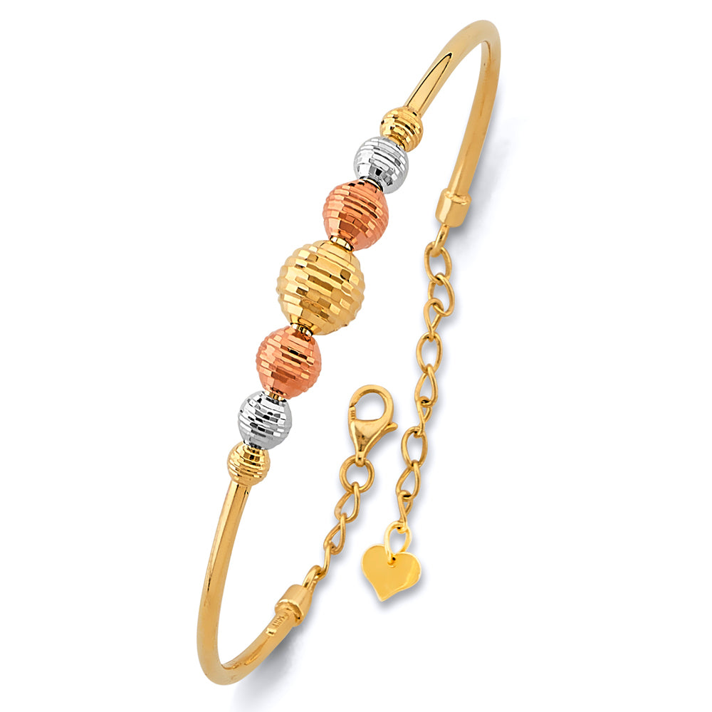 14K tri-color gold beaded bangle, adjustable oval gold bracelet, women’s 14K gold bracelet with extender, yellow white rose gold bangle, textured bead gold bracelet, 14K luxury gold jewelry