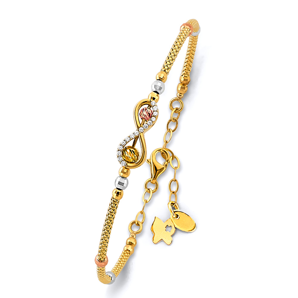 14K gold infinity bangle, tri-tone gold infinity bracelet, adjustable oval gold bangle, real gold infinity jewelry, meaningful gift bangle, Petite Luxe collection