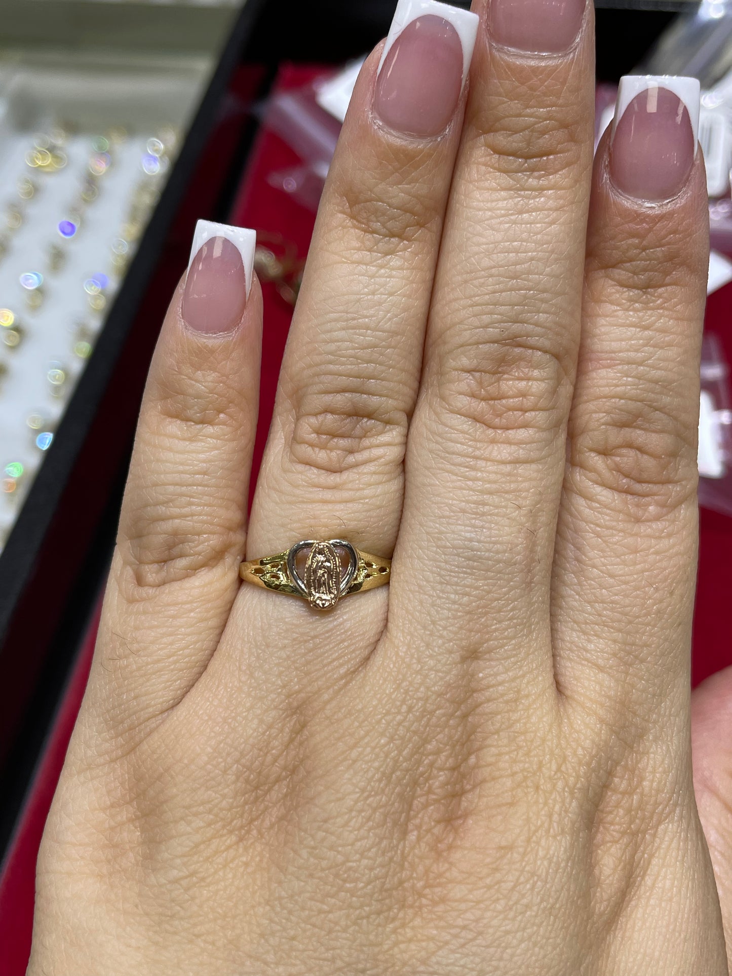 14K Tri-Color Virgencita Guadalupe Heart Ring – Virgin Mary Faith Ring in Real 14K Gold, Religious Jewelry Gift for Women