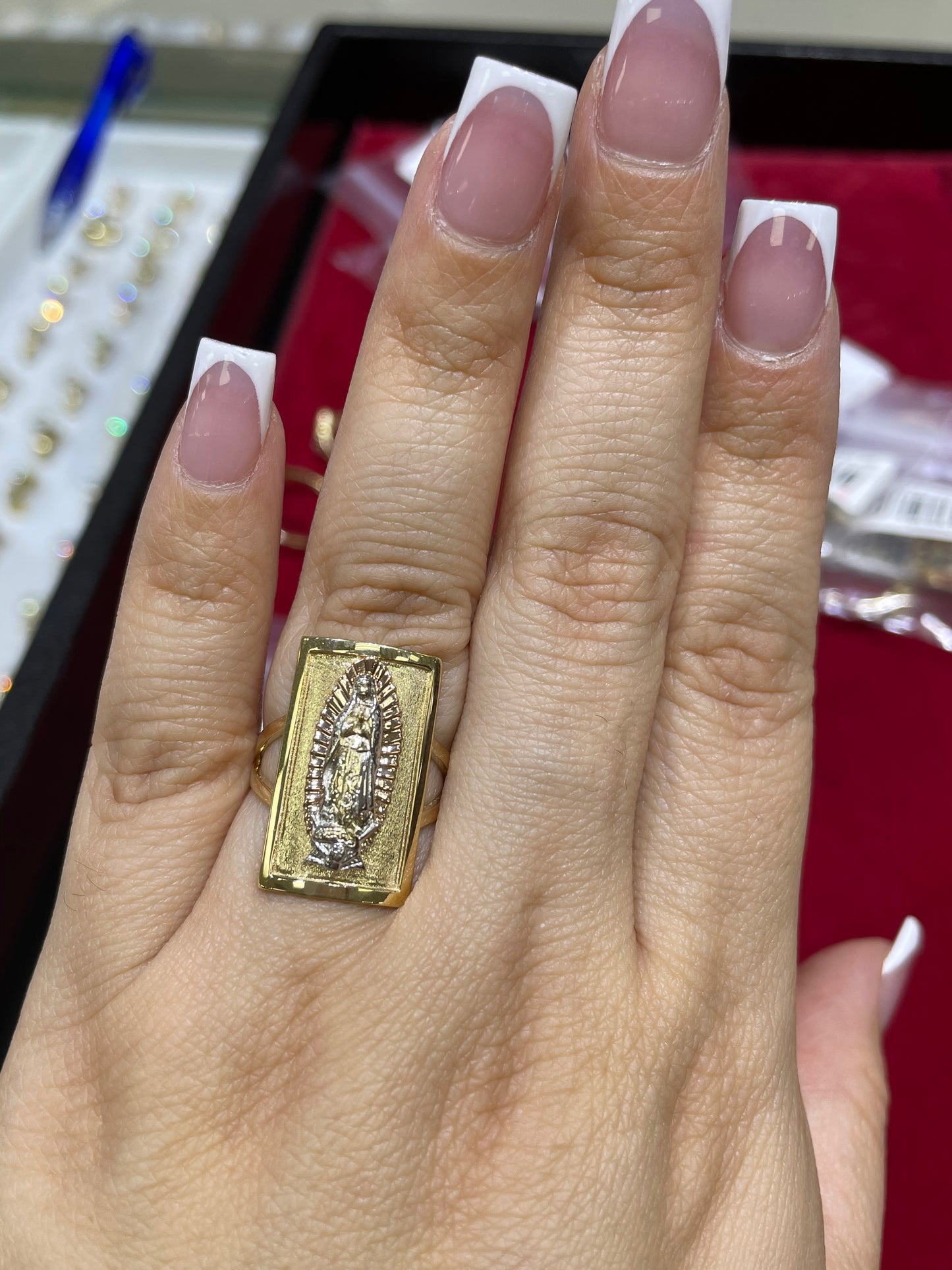 14K Tri-Color Virgencita Guadalupe Rectangle Ring – Virgin Mary Faith Ring in Real 14K Gold, Religious Jewelry for Men and Women