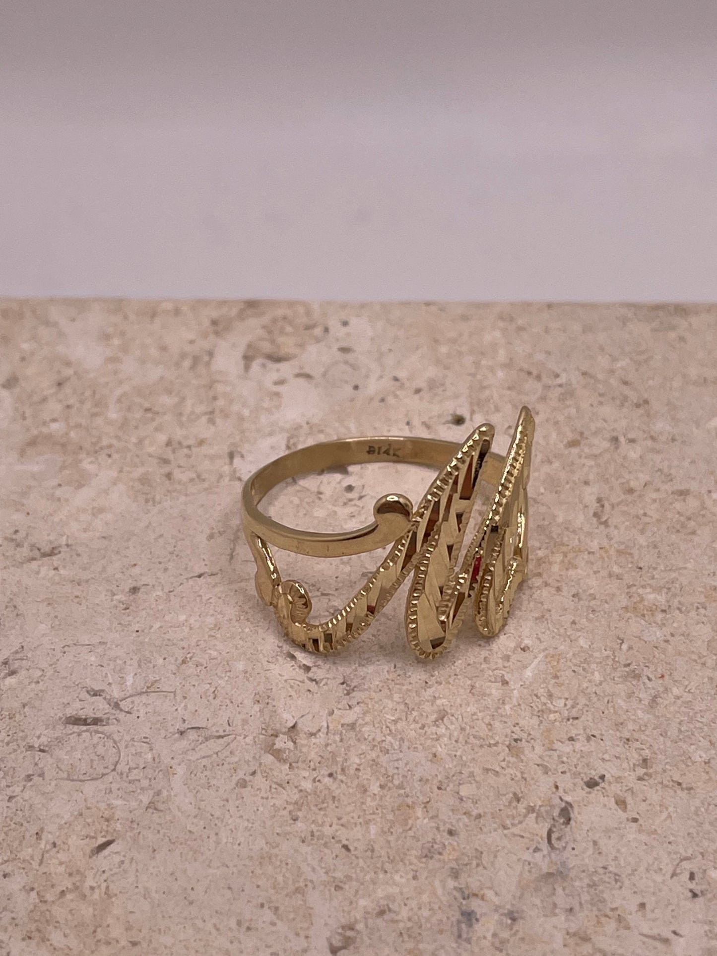 14k gold “m” cursive initial ring
