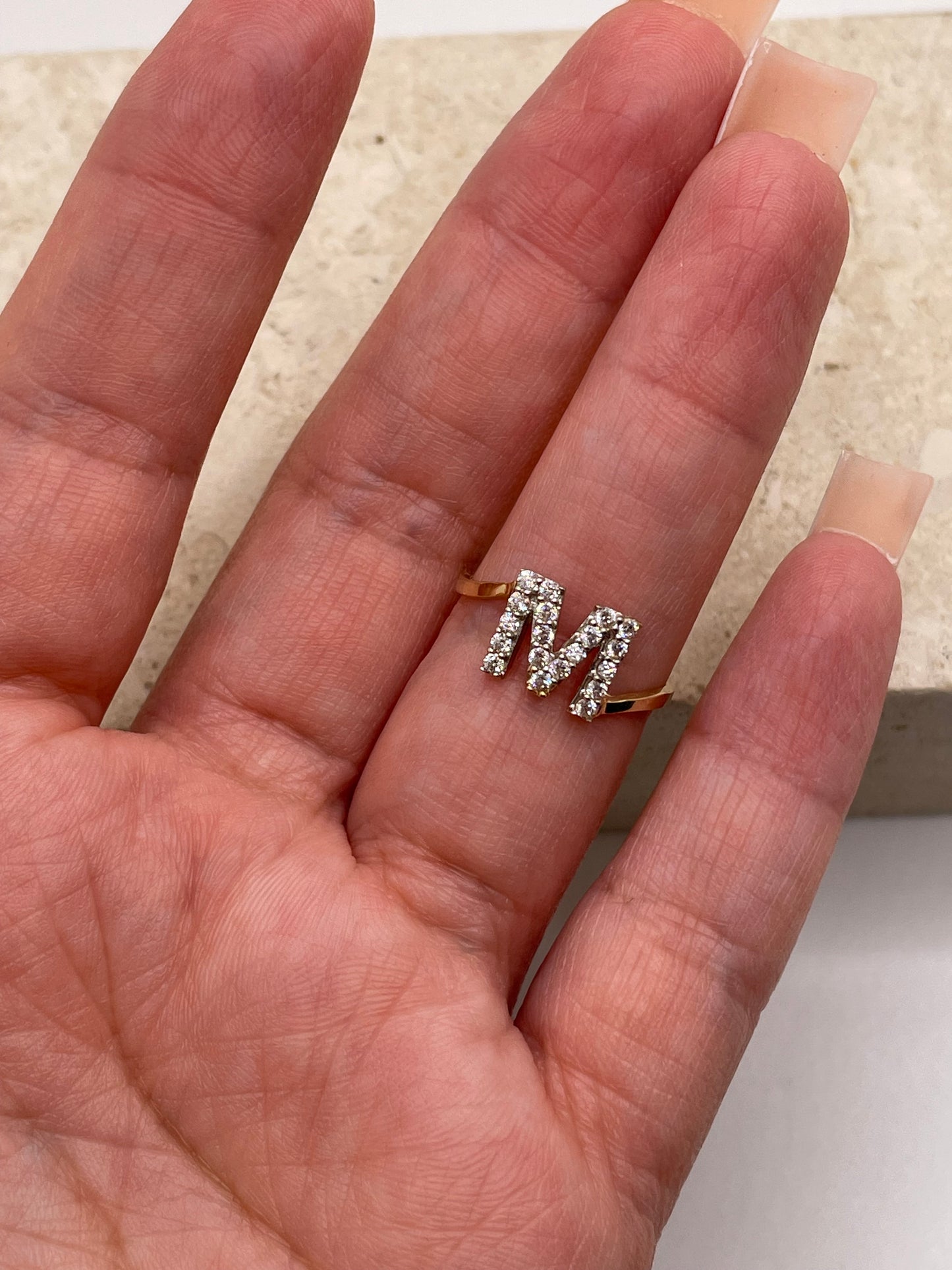14k gold two tone cz initial ring
