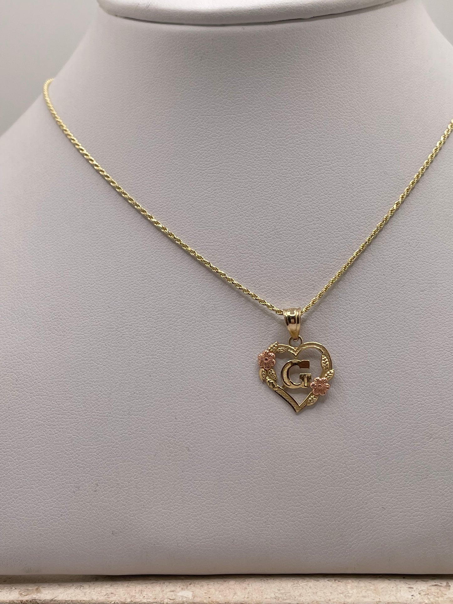 14k gold rope chain with heart pendant & personalized initial