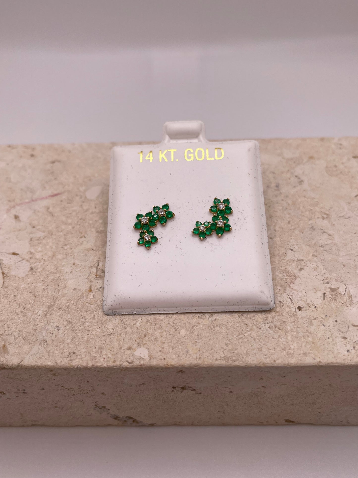14k gold green & white cz flower earrings