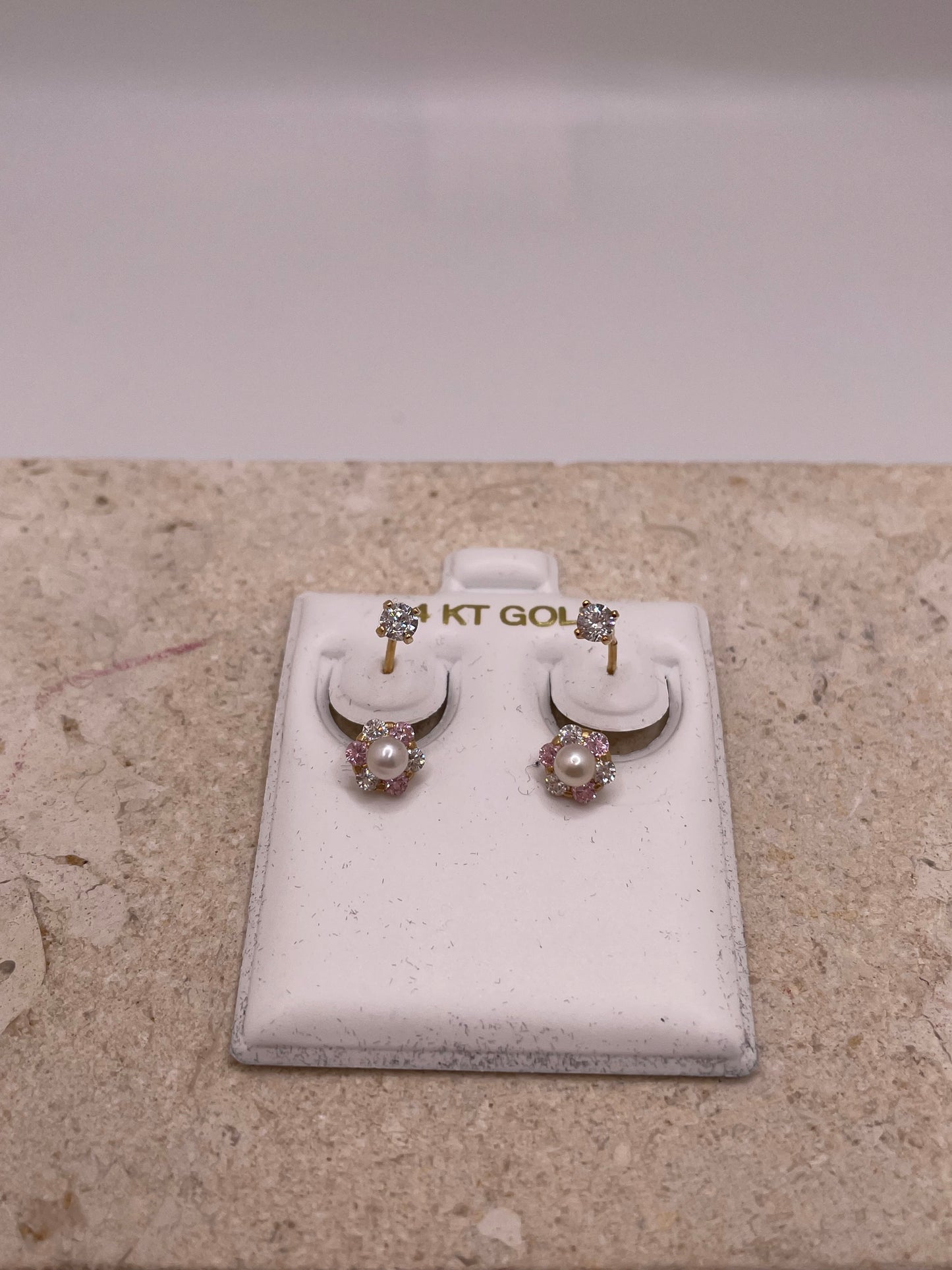 14k gold telephone earrings with cz flower