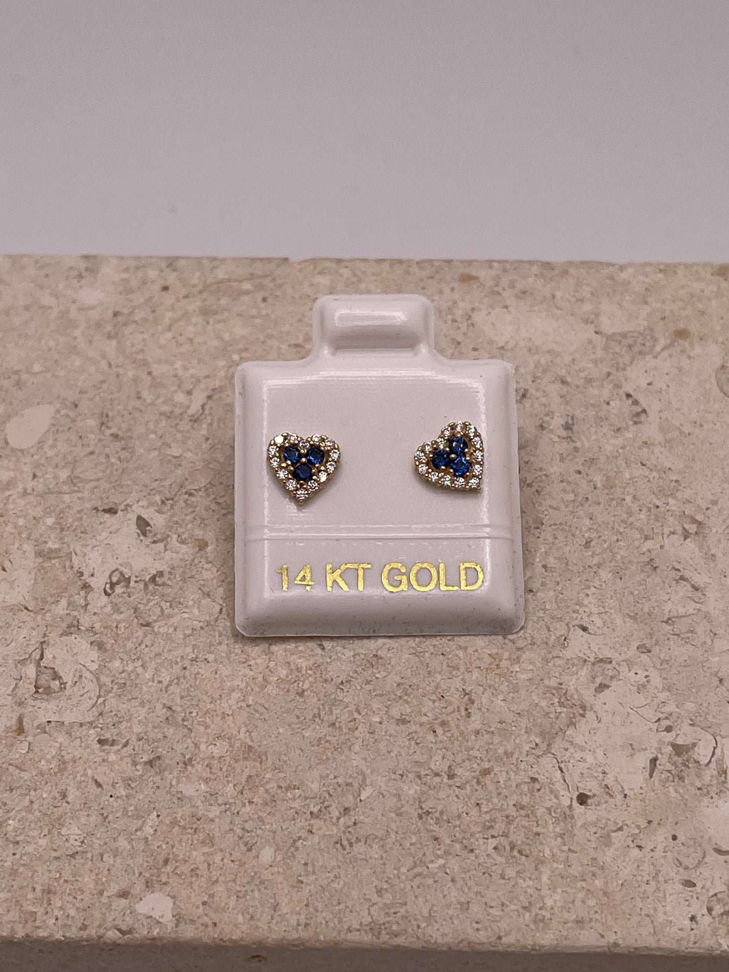 14k gold heart earrings with blue & white cz