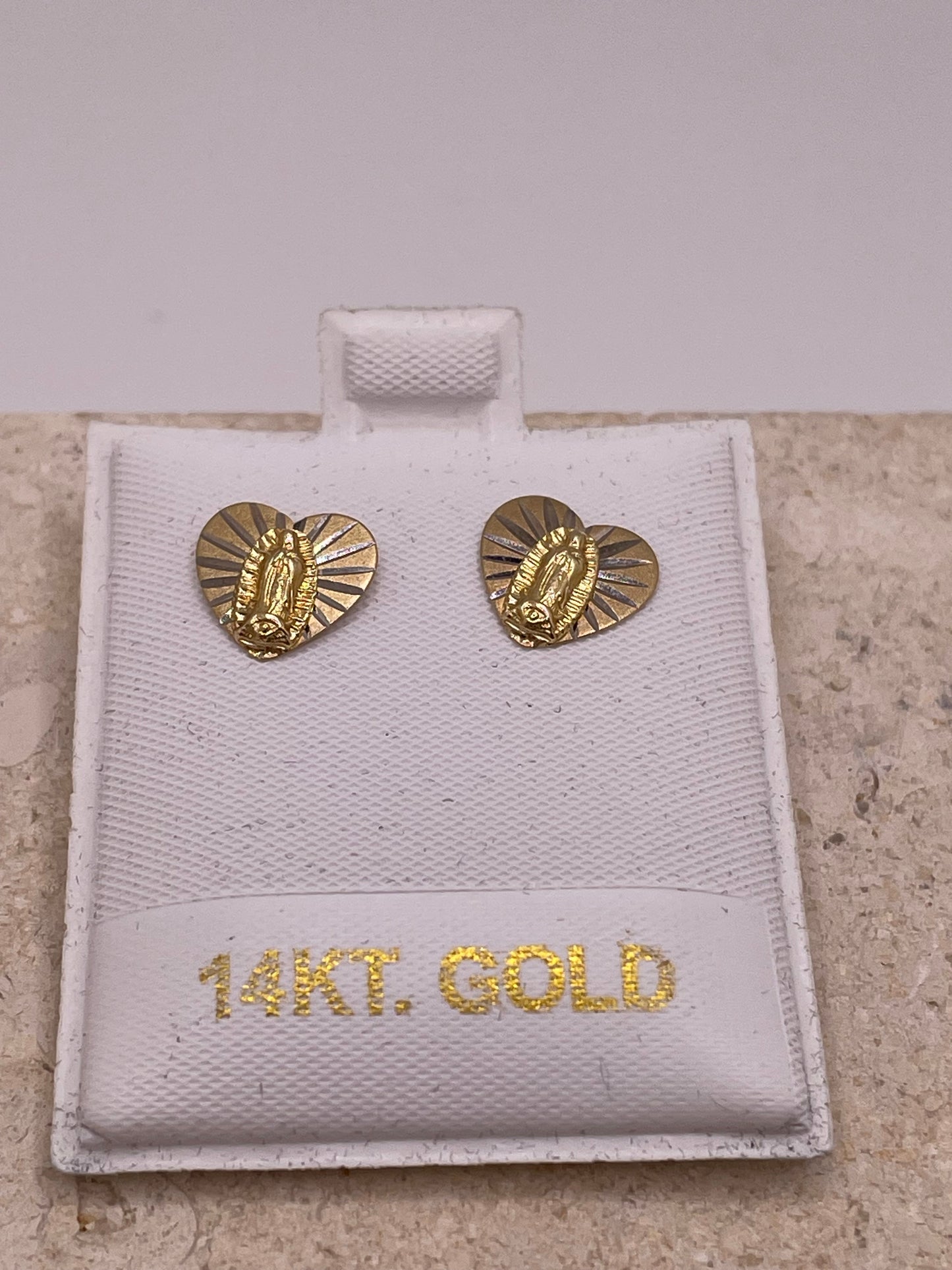 14k gold heart earrings with virgin mary