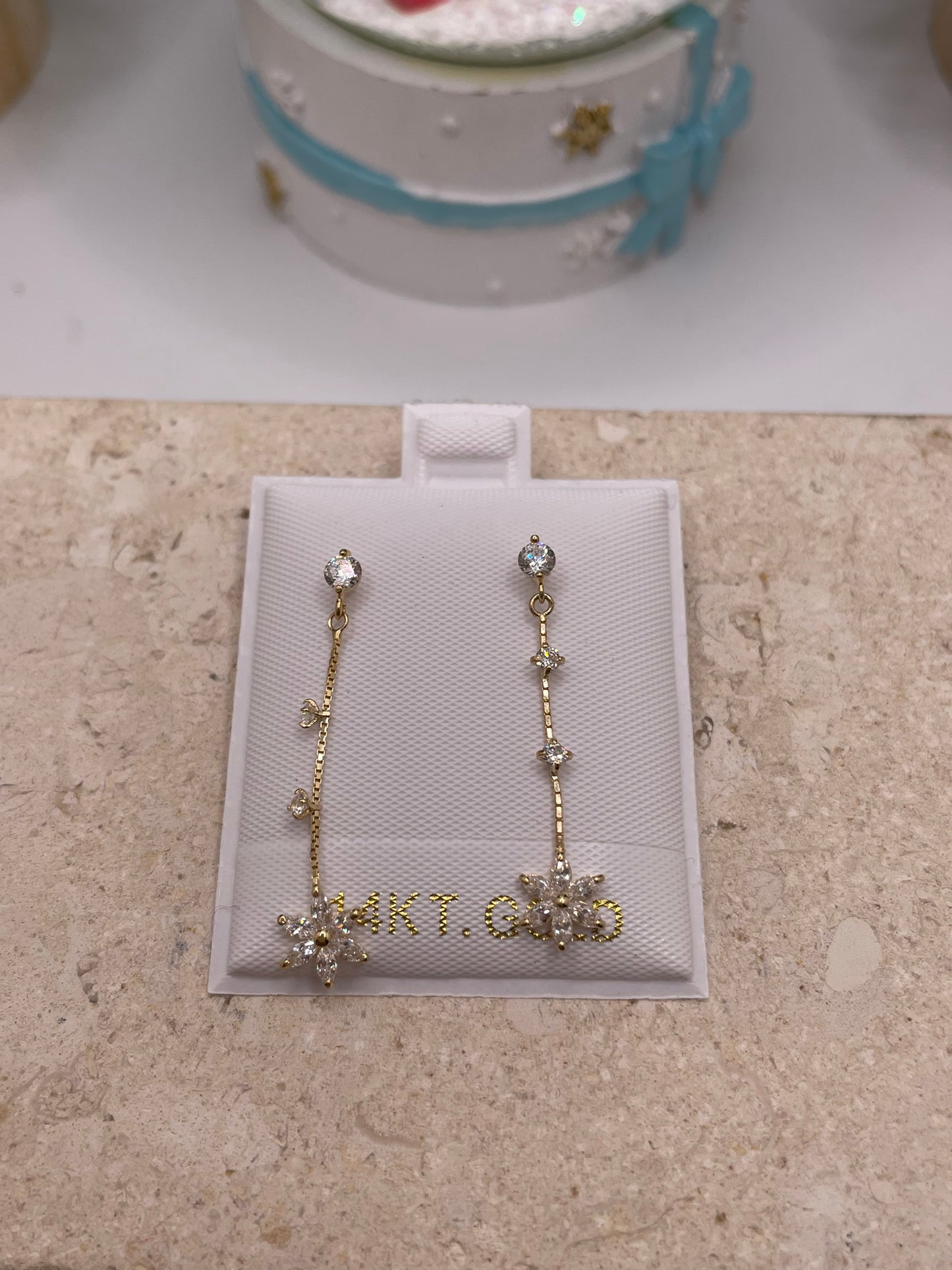 14k gold cz flower dangle earrings