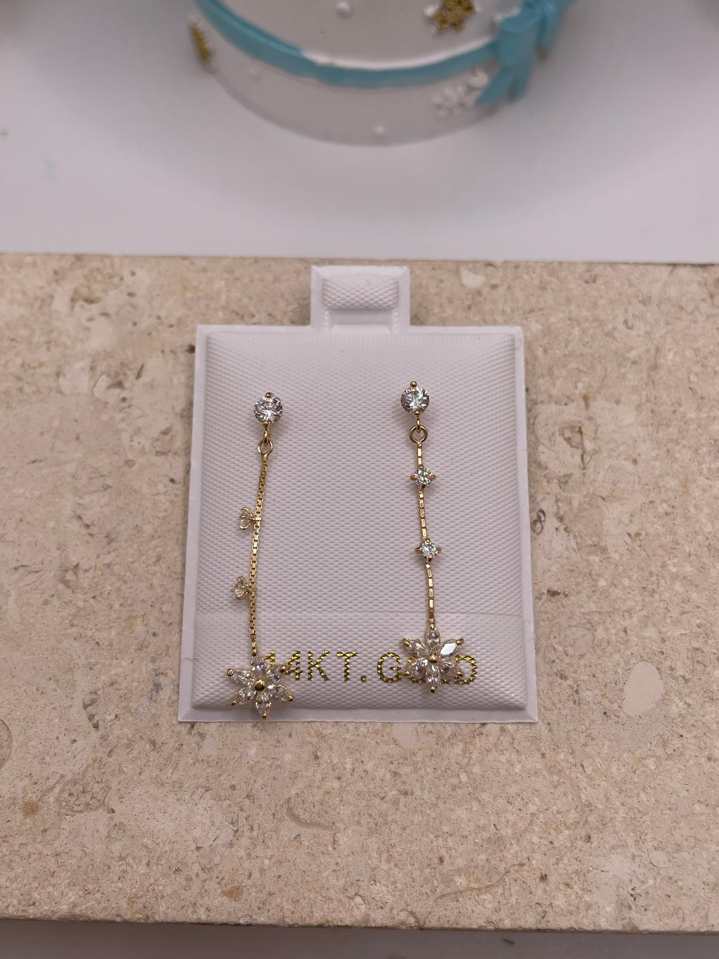 14k gold cz flower dangle earrings