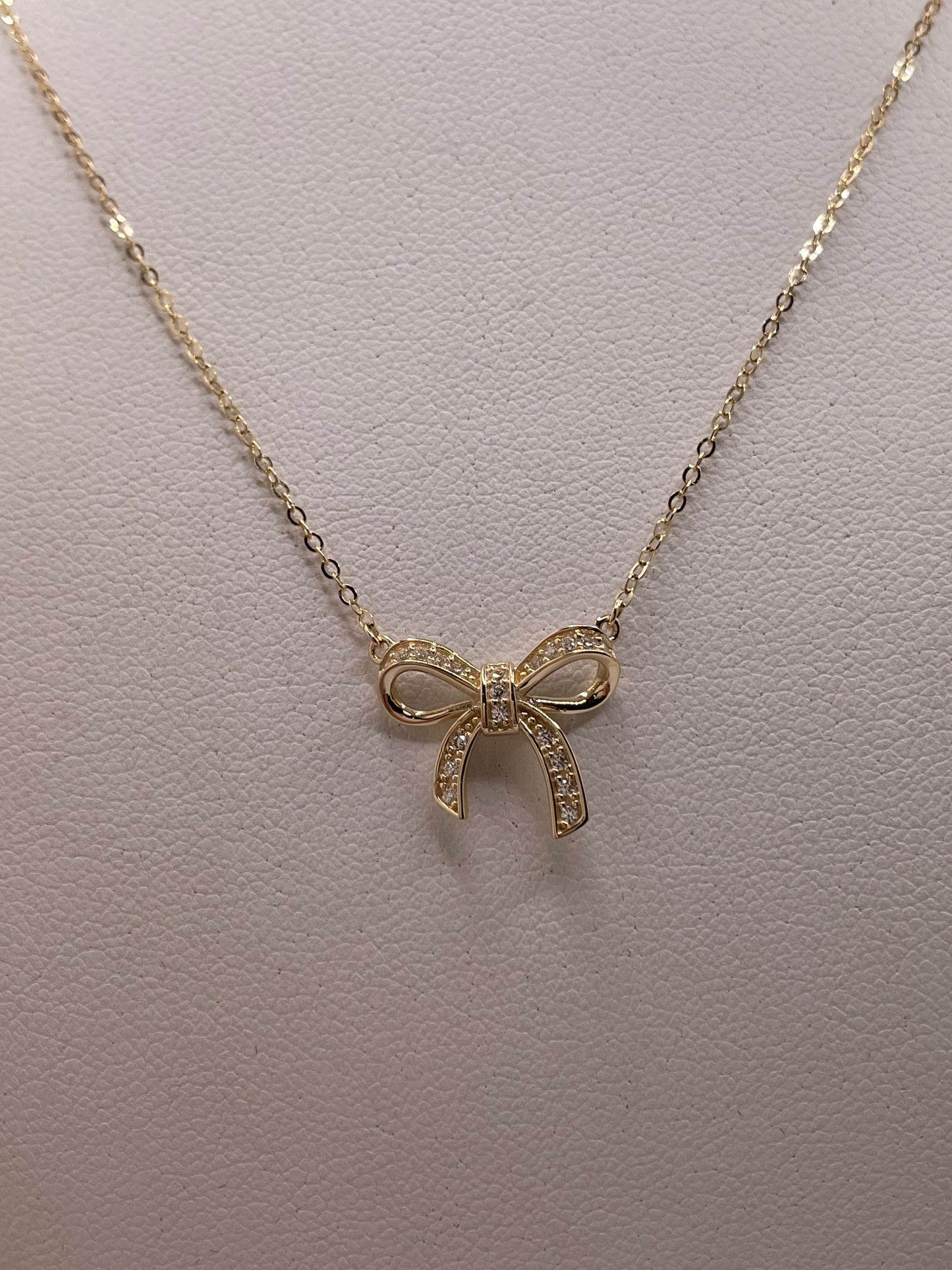 14k gold bow cz necklace