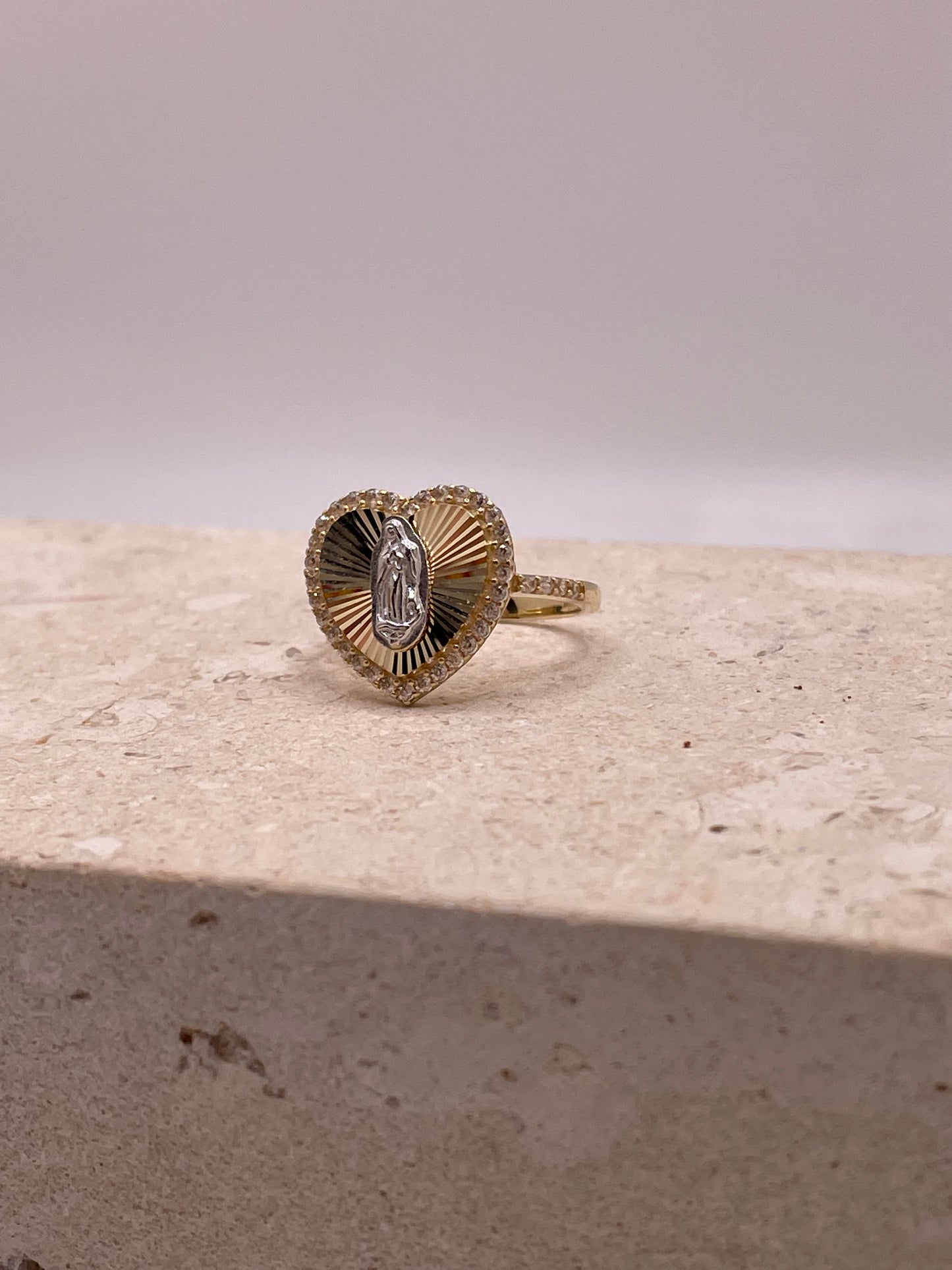 14k gold virgencita heart ring