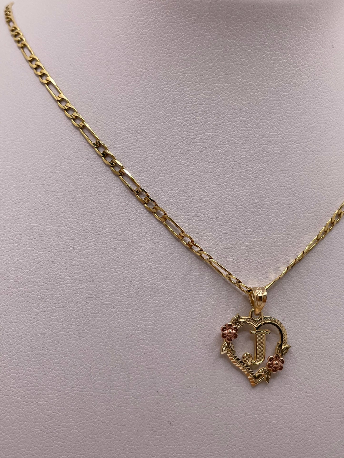 14k gold figaro chain with initial heart pendant jewelry set