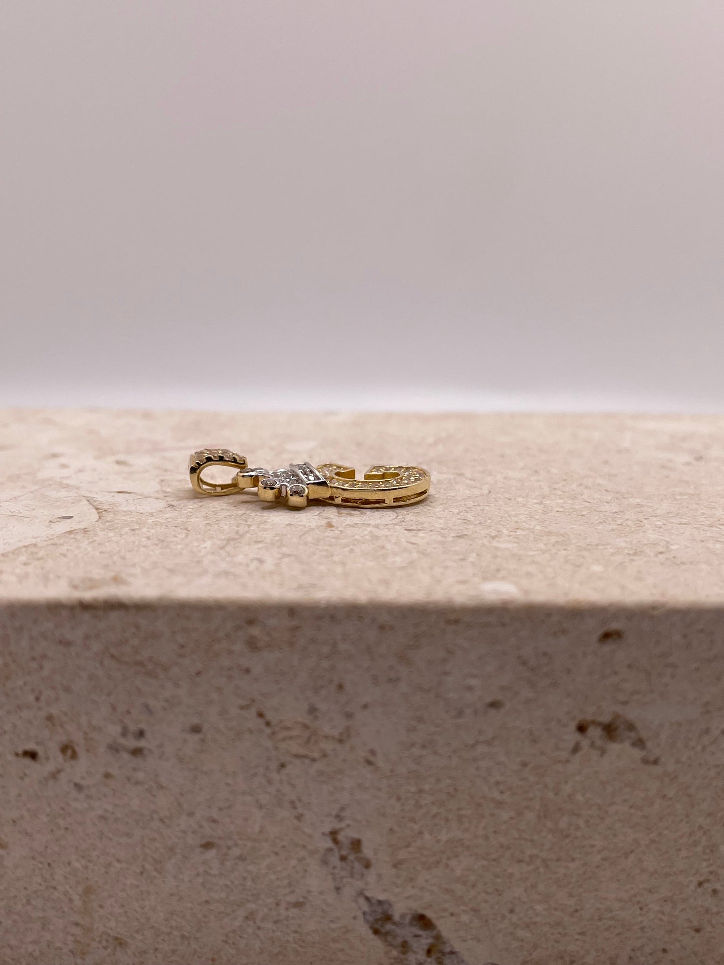 14k gold "g" initial pendant with crown and cz stones