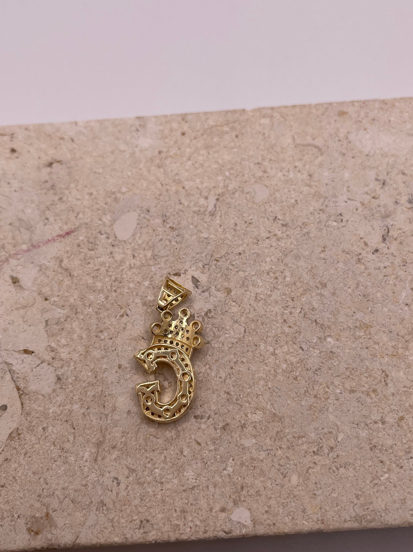 14k gold "g" initial pendant with crown and cz stones