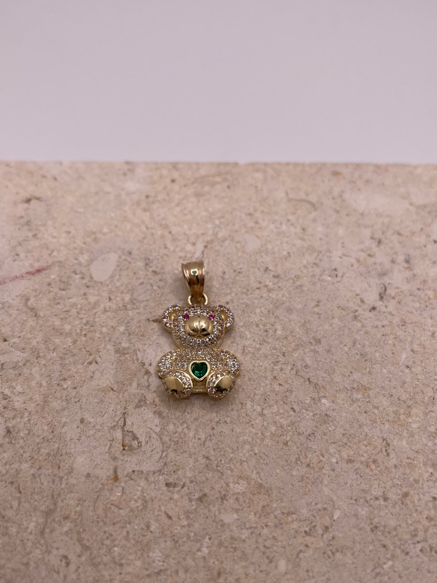 14k gold 3d teddy bear pendant with cz stones (medium)