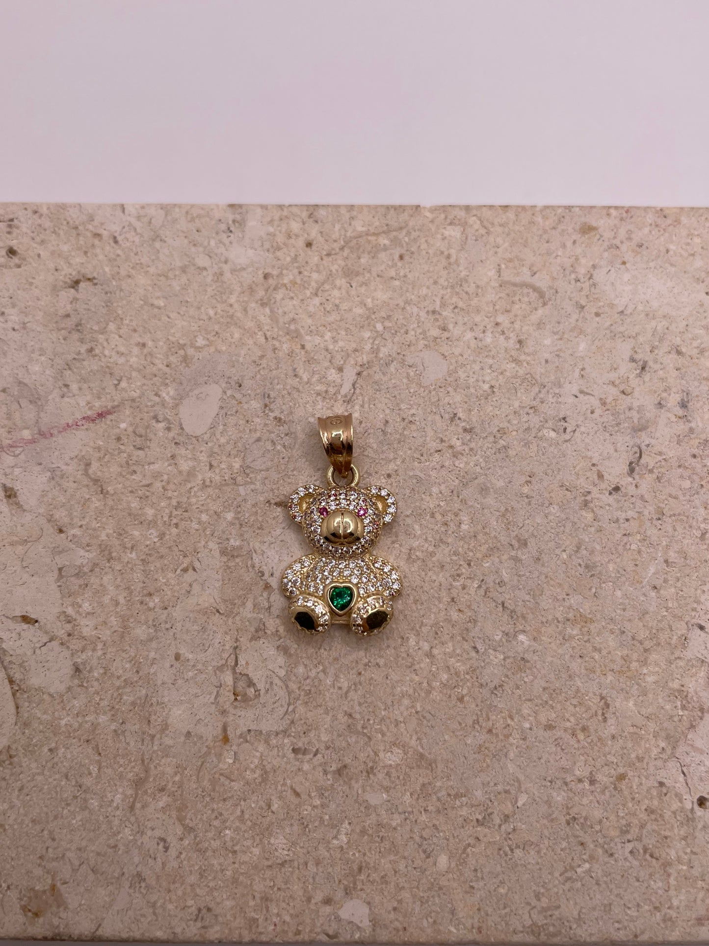 14k gold 3d teddy bear pendant with cz stones (medium)