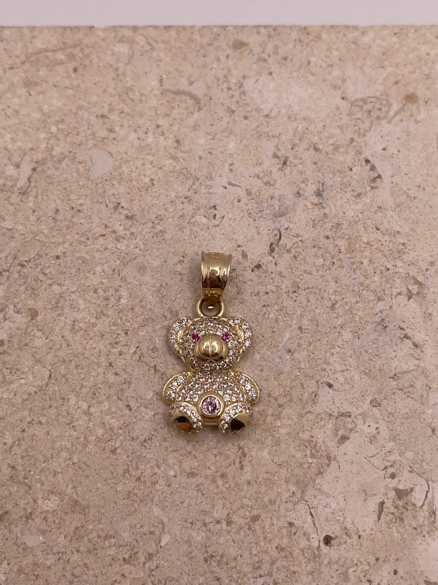 14k gold 3d teddy bear pendant with cz stones (small)