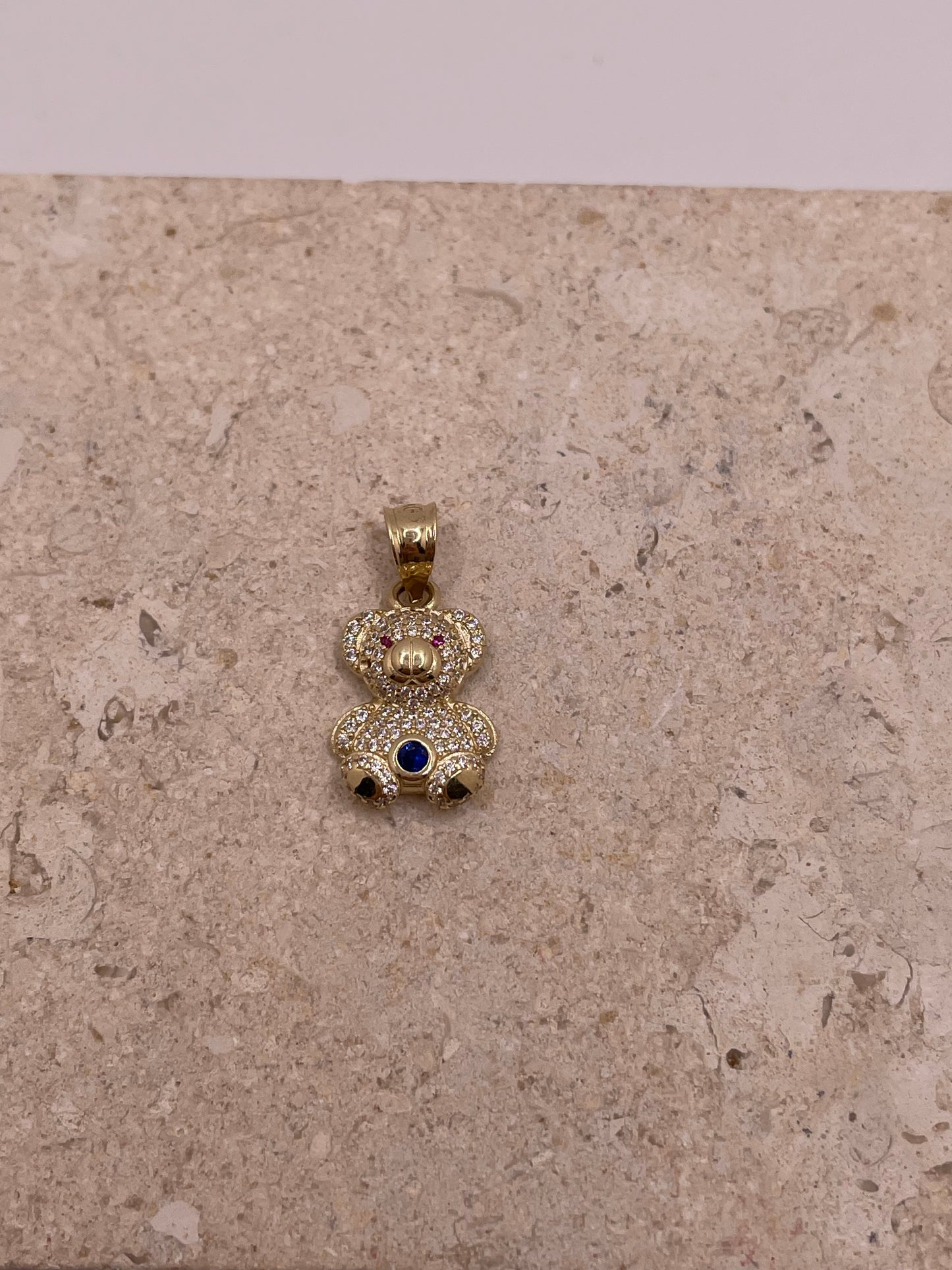 14k gold 3d teddy bear pendant with cz stones (small)
