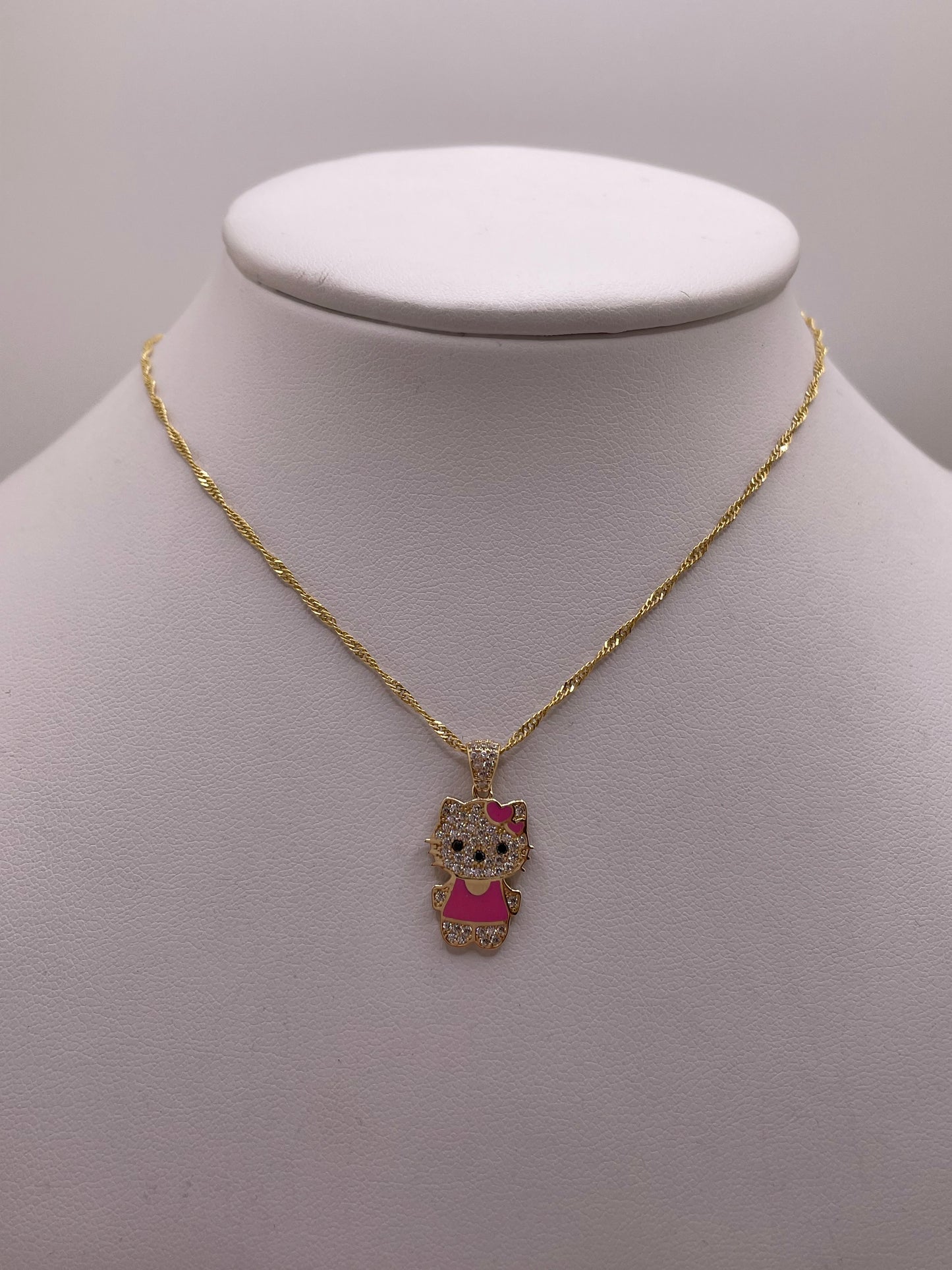 14k solid gold kitty pendant & 1.5mm singapore necklace set