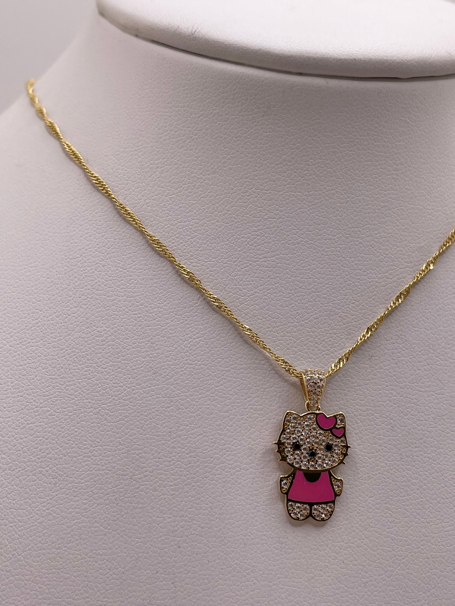 14k solid gold kitty pendant & 1.5mm singapore necklace set