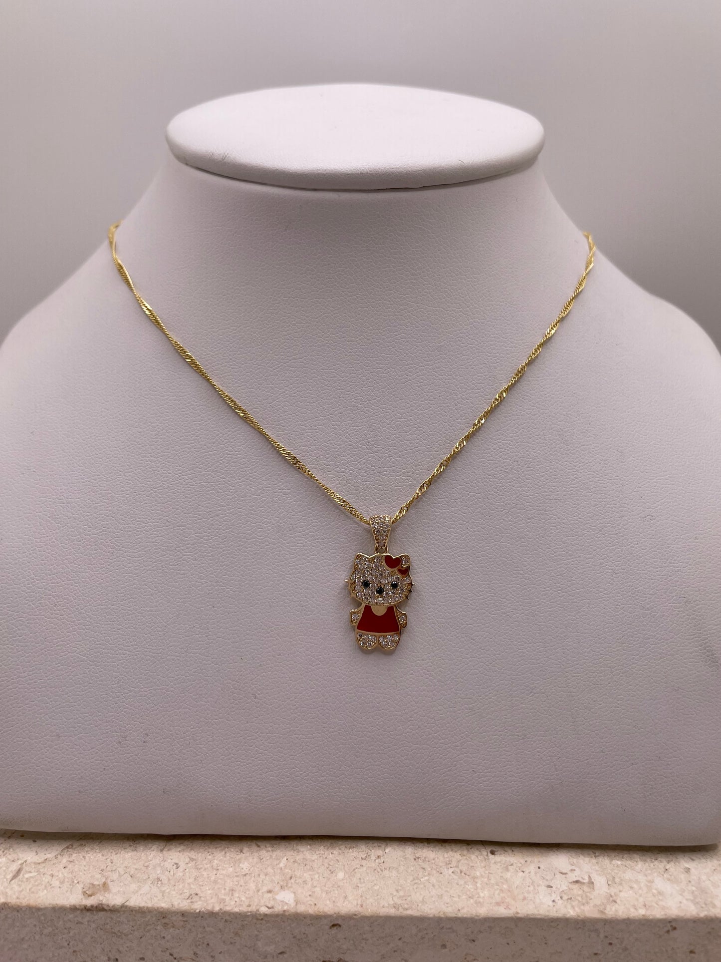 14k solid gold kitty pendant & 1.5mm singapore necklace set