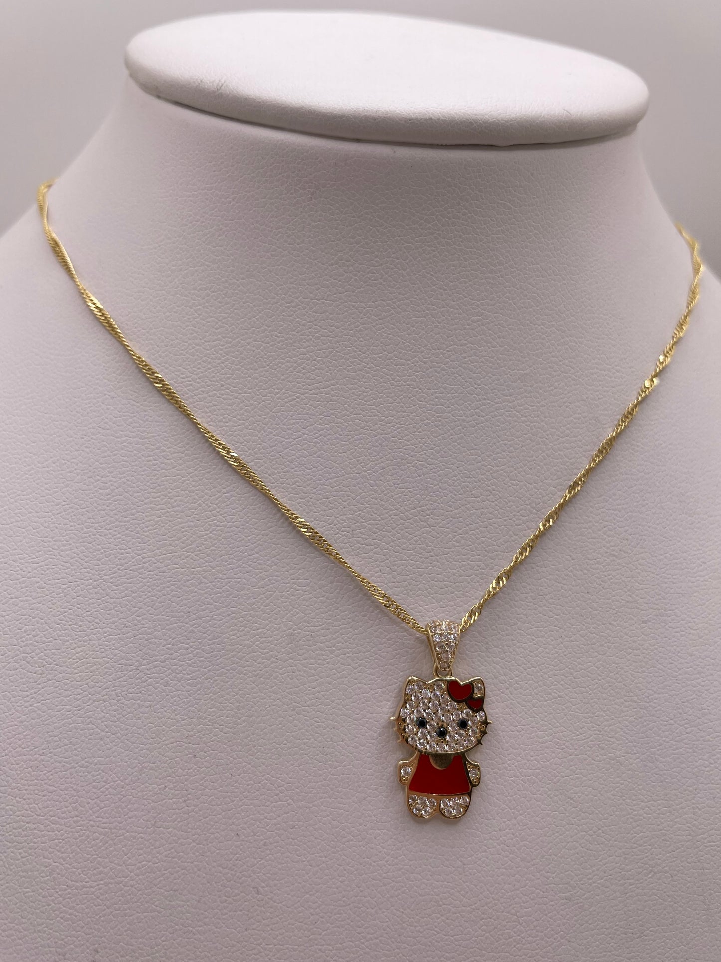 14k solid gold kitty pendant & 1.5mm singapore necklace set