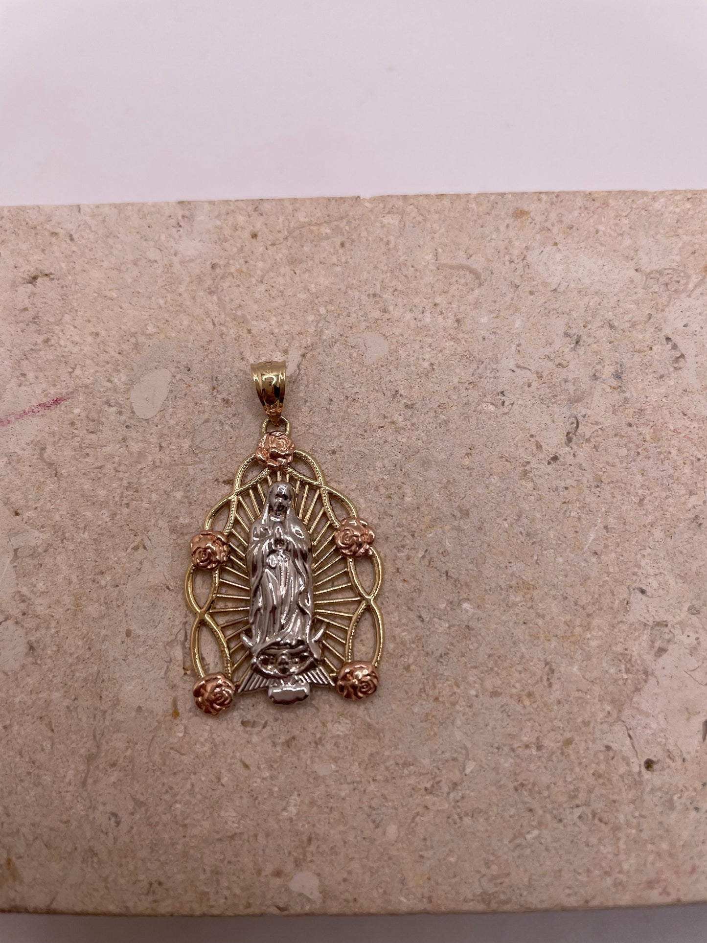 14k gold tri color rose virgencita pendant