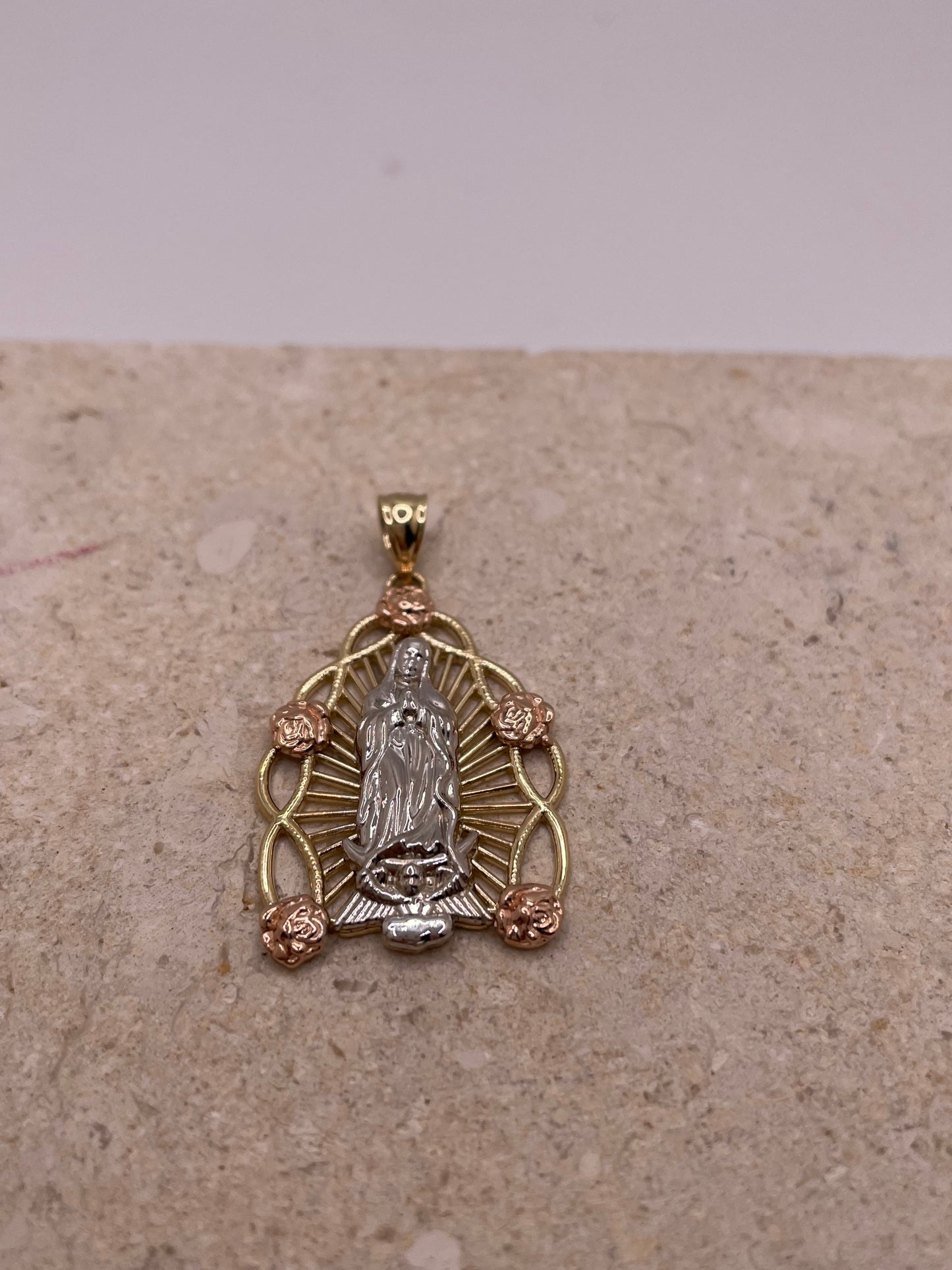 14k gold tri color rose virgencita pendant