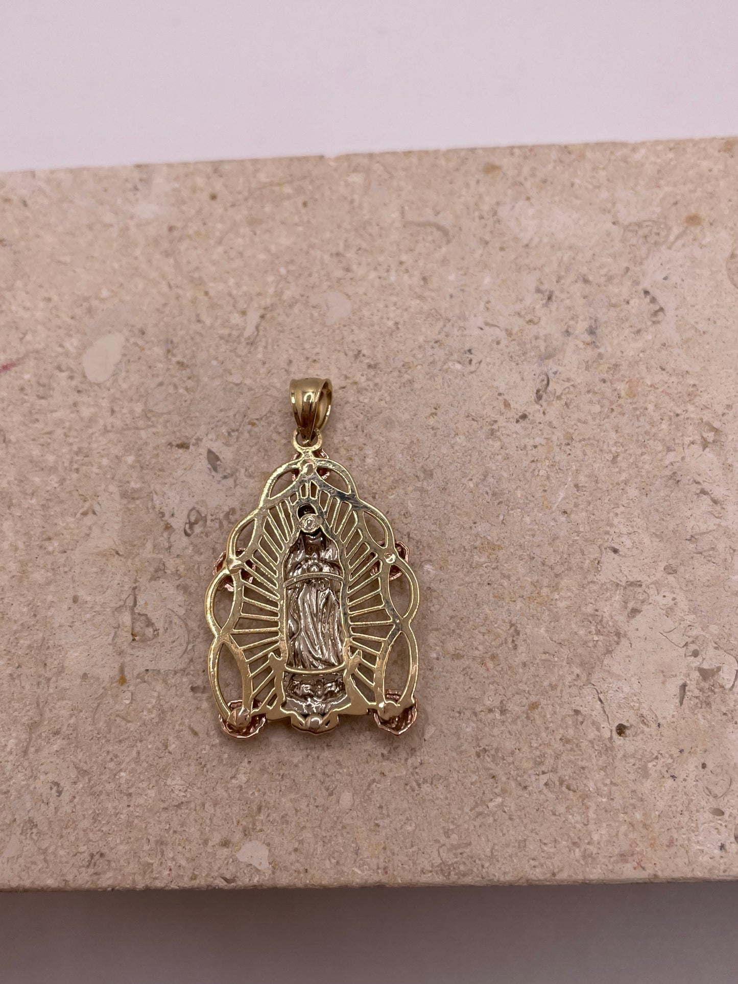 14k gold tri color rose virgencita pendant