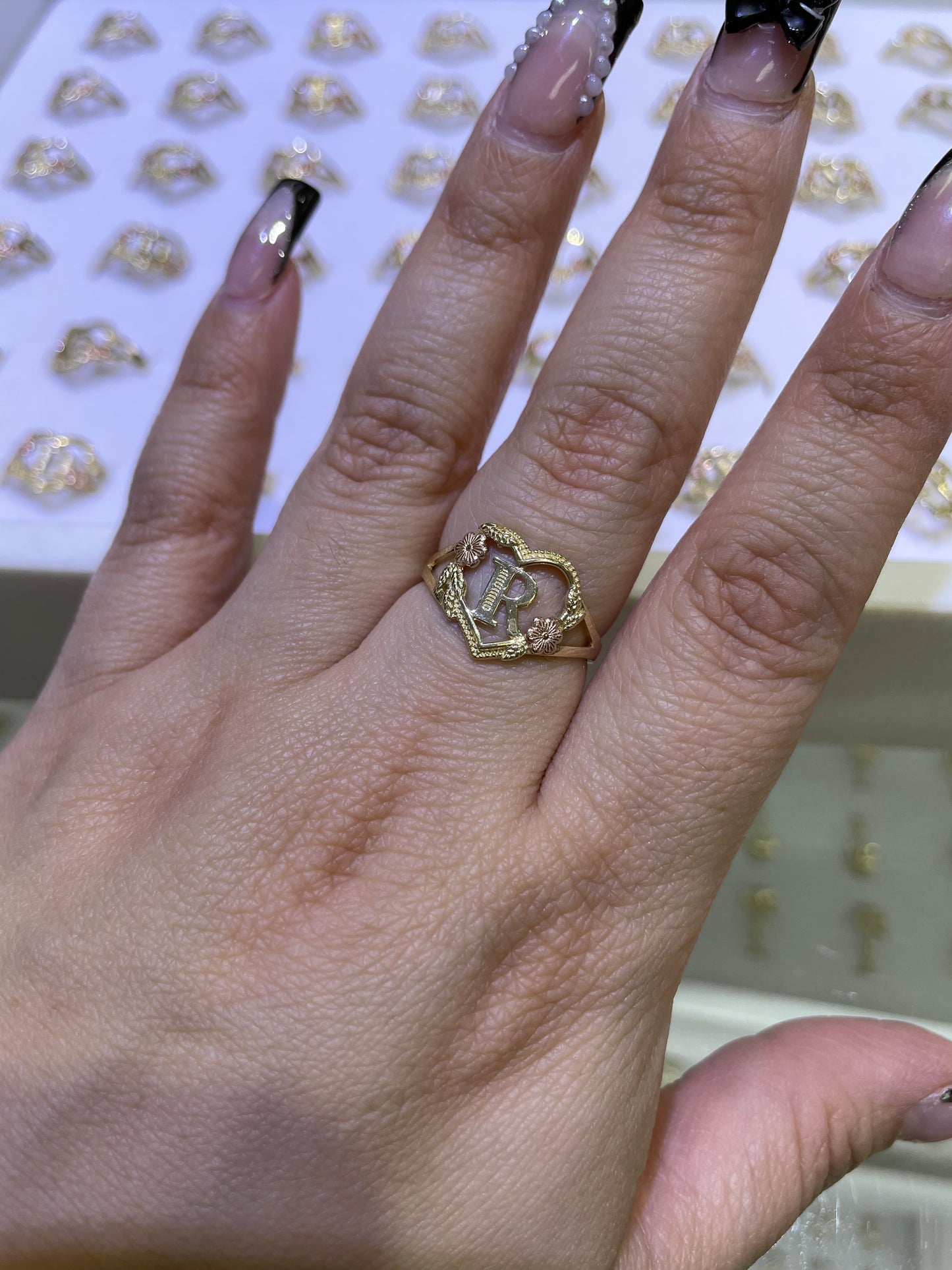 14k gold heart initial ring a-z