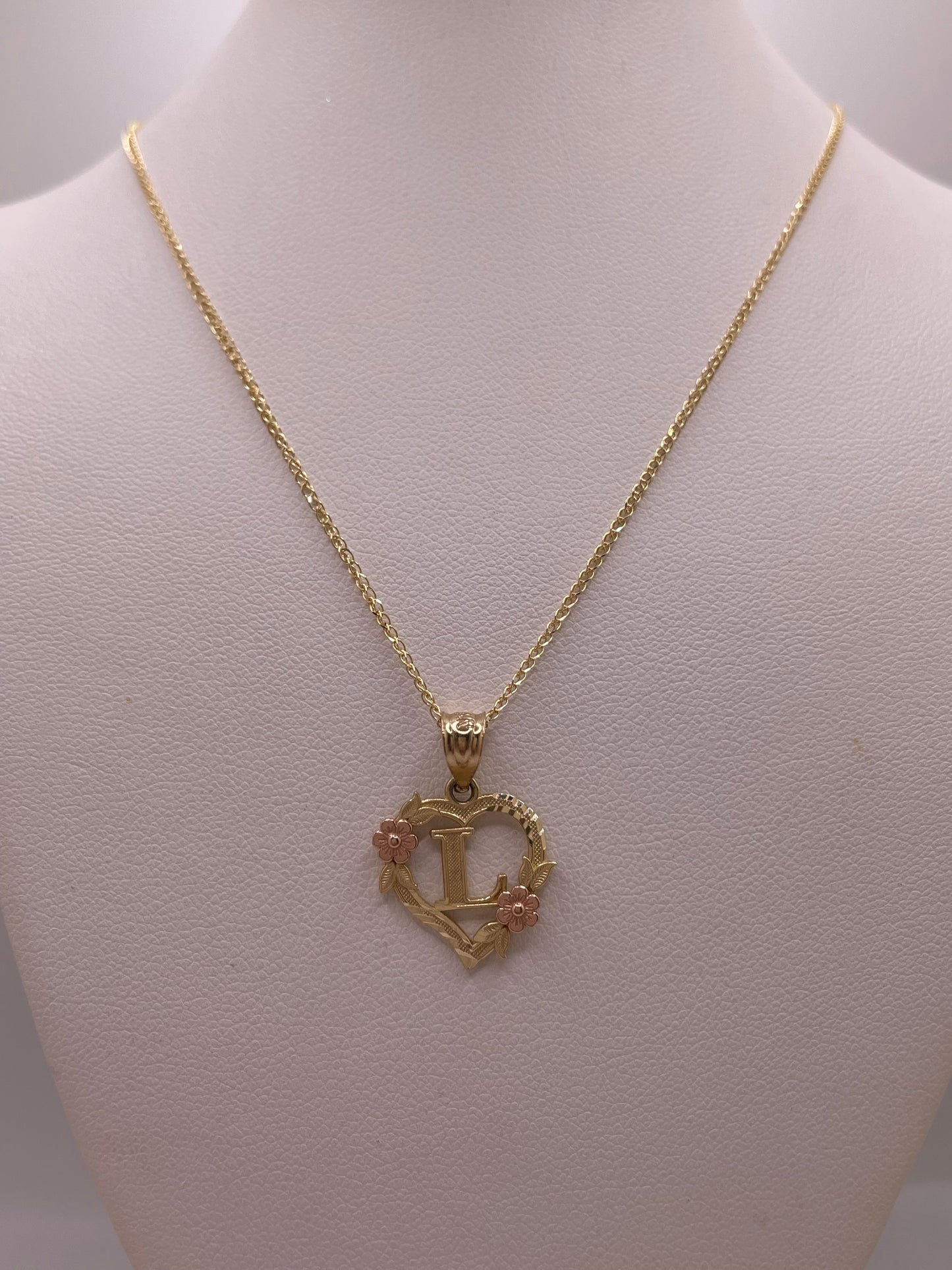 14k gold flat open wheat chain + initial pendant jewelry set