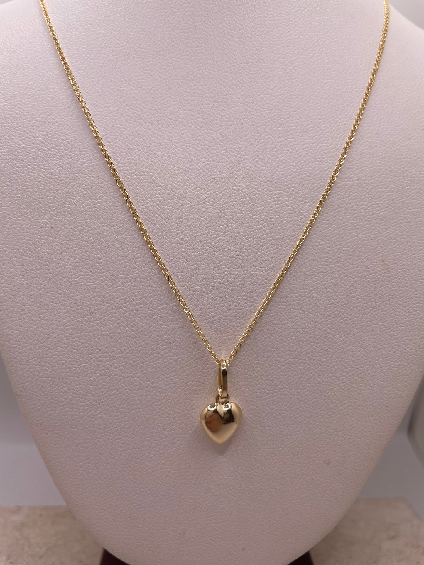 14k gold 3d heart pendant & flat open wheat chain set