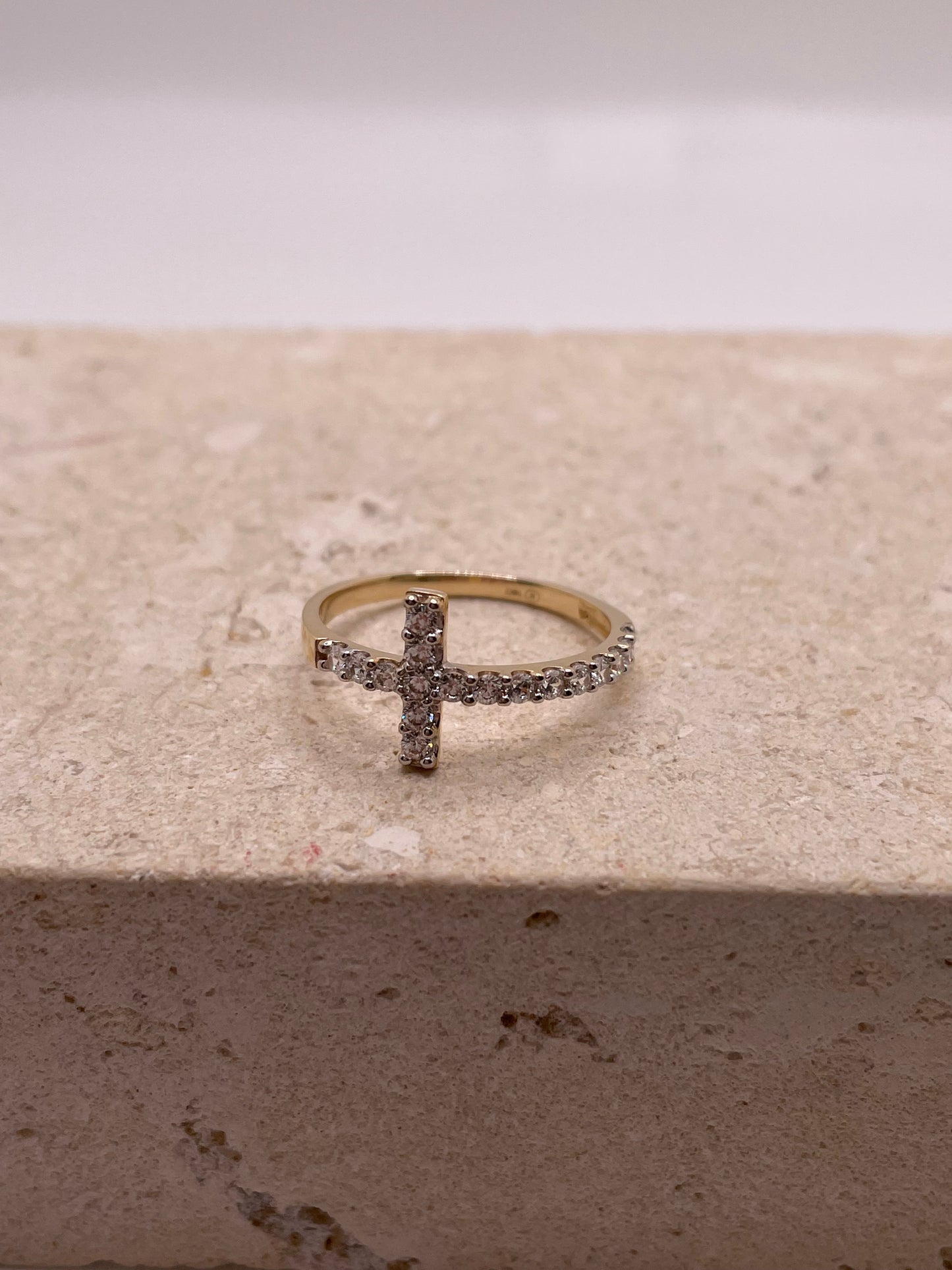 14k gold sideways cross cz ring