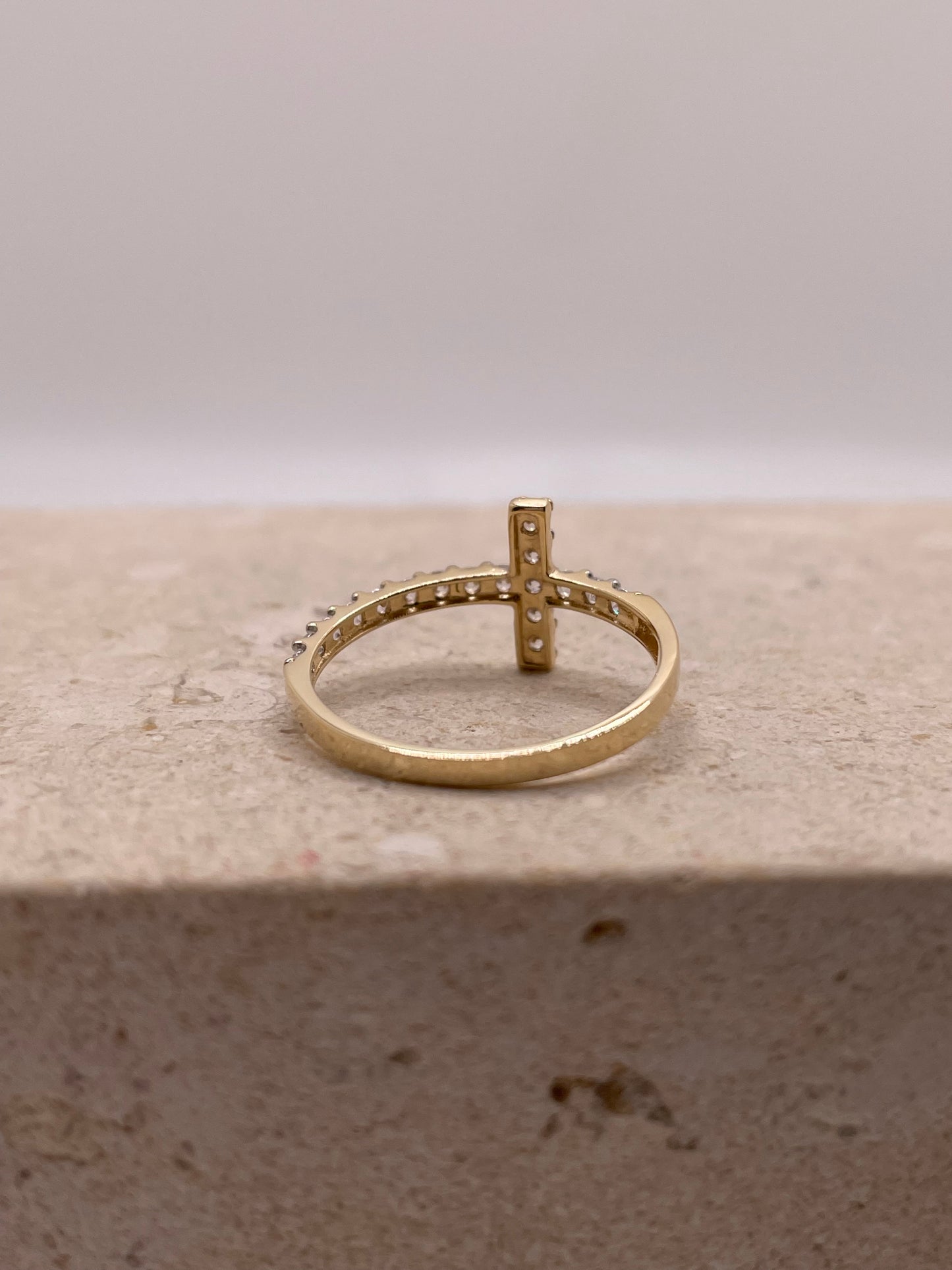 14k gold sideways cross cz ring