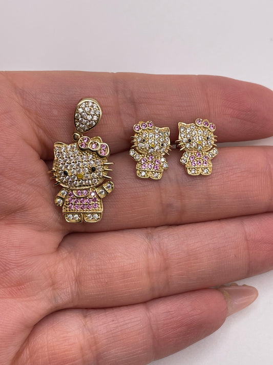 14K Hello Kitty Pendant & Earrings Set with Pink & White CZs