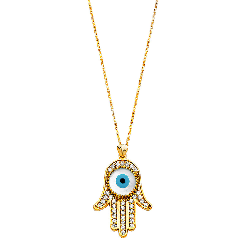 Collar con colgante de circonita cúbica de mano de mal de ojo de oro macizo de 14 quilates, 17+1'